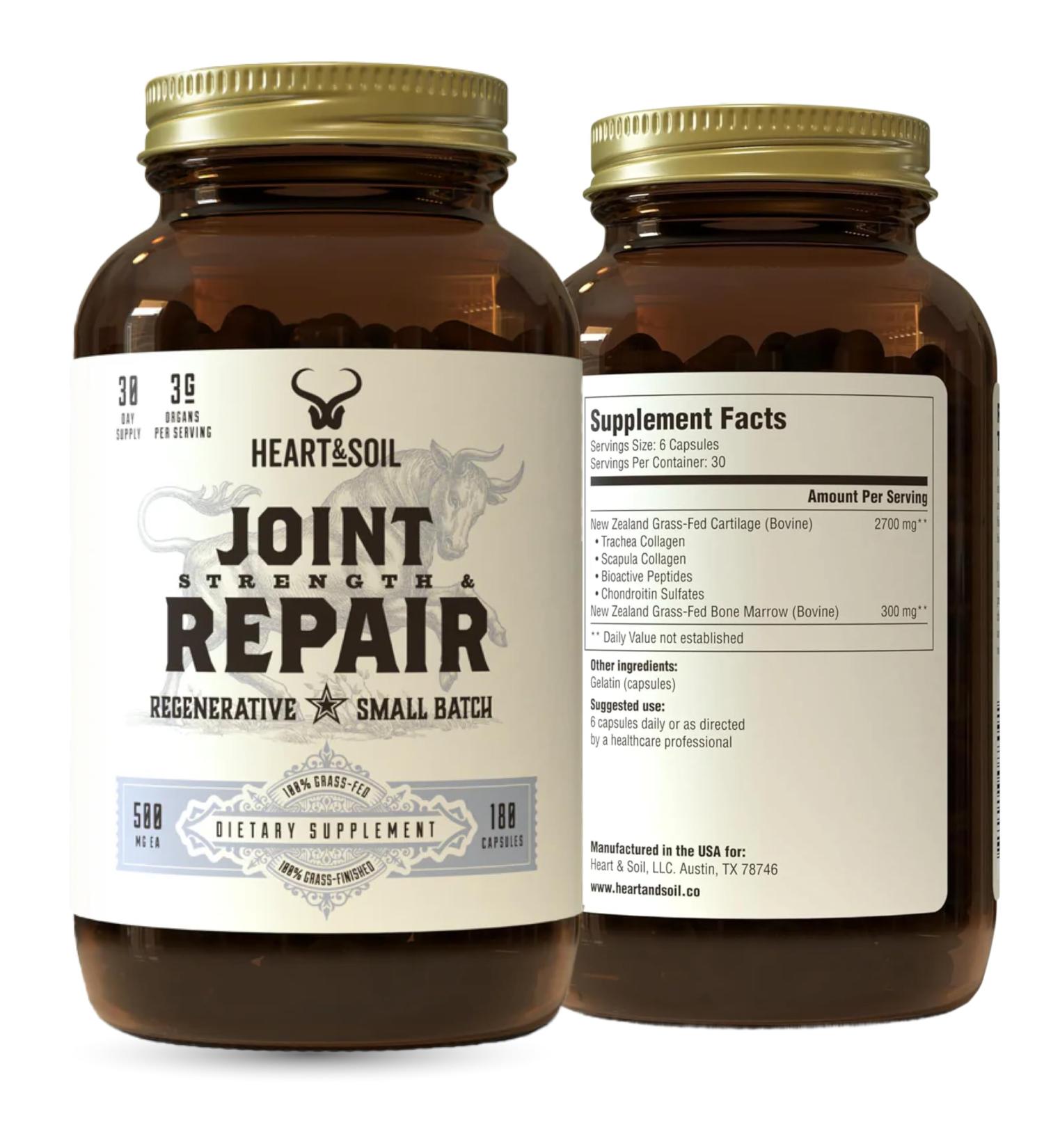 Heart & Soil 100% Grass Fed & Finished Joint Support Supplement from Regenerative Cattle with Trachea, Scapula & Bone Marrow Supports Joint Strength & Mobility 3000mg Glass Bottle 180 Capsules Joint, Strength & Repair - Buy Online on GoSupps.com