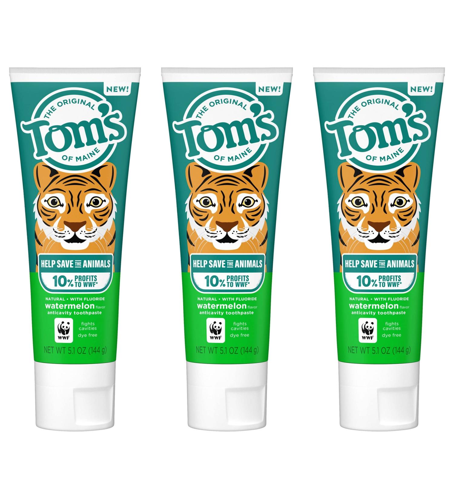 Tom's of Maine Children's Natural Fluoride Toothpaste 3-Pack - Watermelon 5.1 oz | Eco-Friendly & Animal-Friendly - Buy Online on GoSupps.com