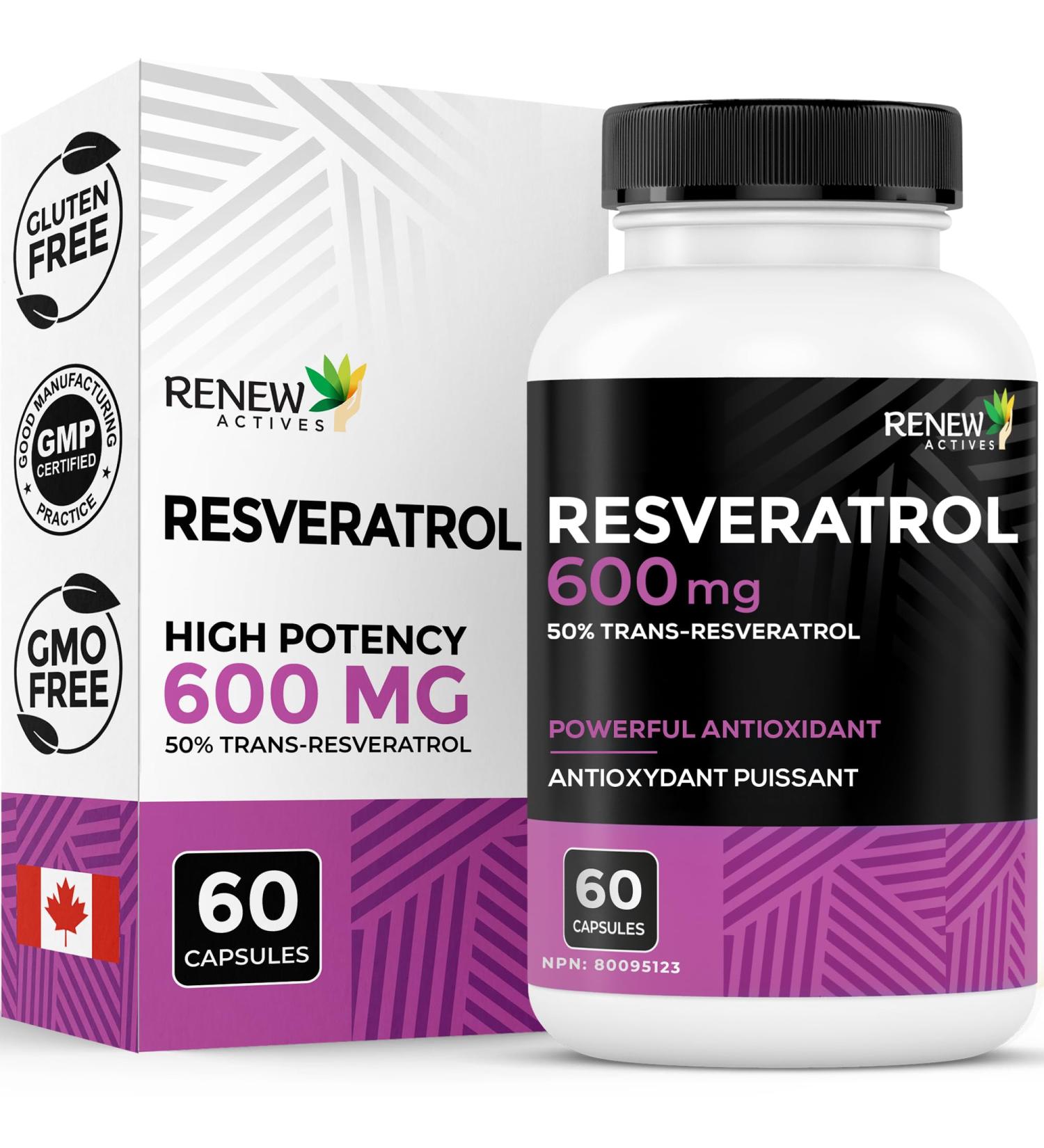 Renew Actives Resveratrol Supplement 600mg per Serving - High-Potency Antioxidant Complex with 50% Trans-Resveratrol Supports Cellular Health & Longevity - Made in Canada 60 Vegan Capsules - Buy Online on GoSupps.com