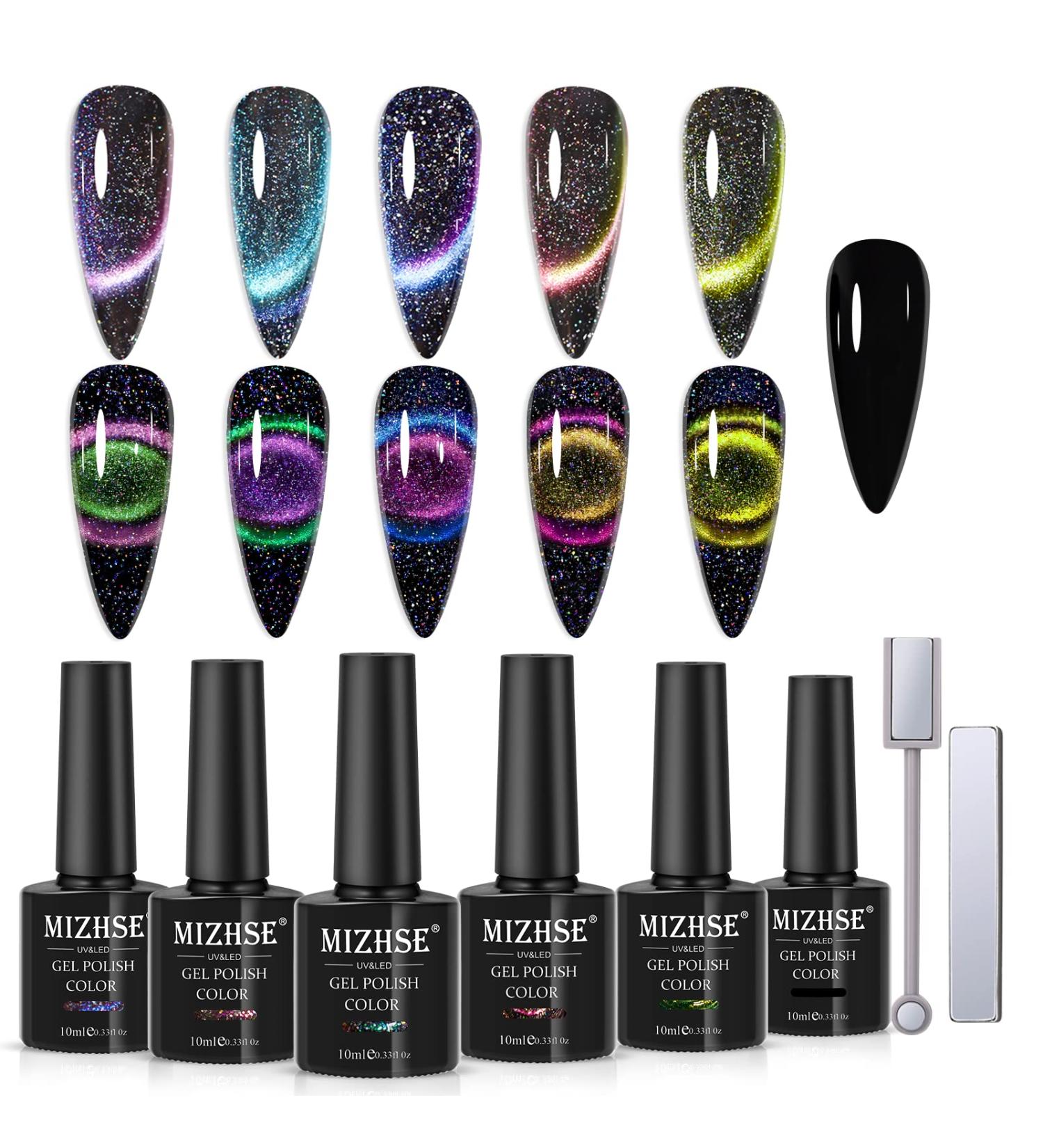 Mizhse Cat Eye UV Gel Nail Polish Set - 6 Vibrant Colors 9D Effect DIY Nail Art | Glitzer & Reflection | 10ml - Buy Online on GoSupps.com