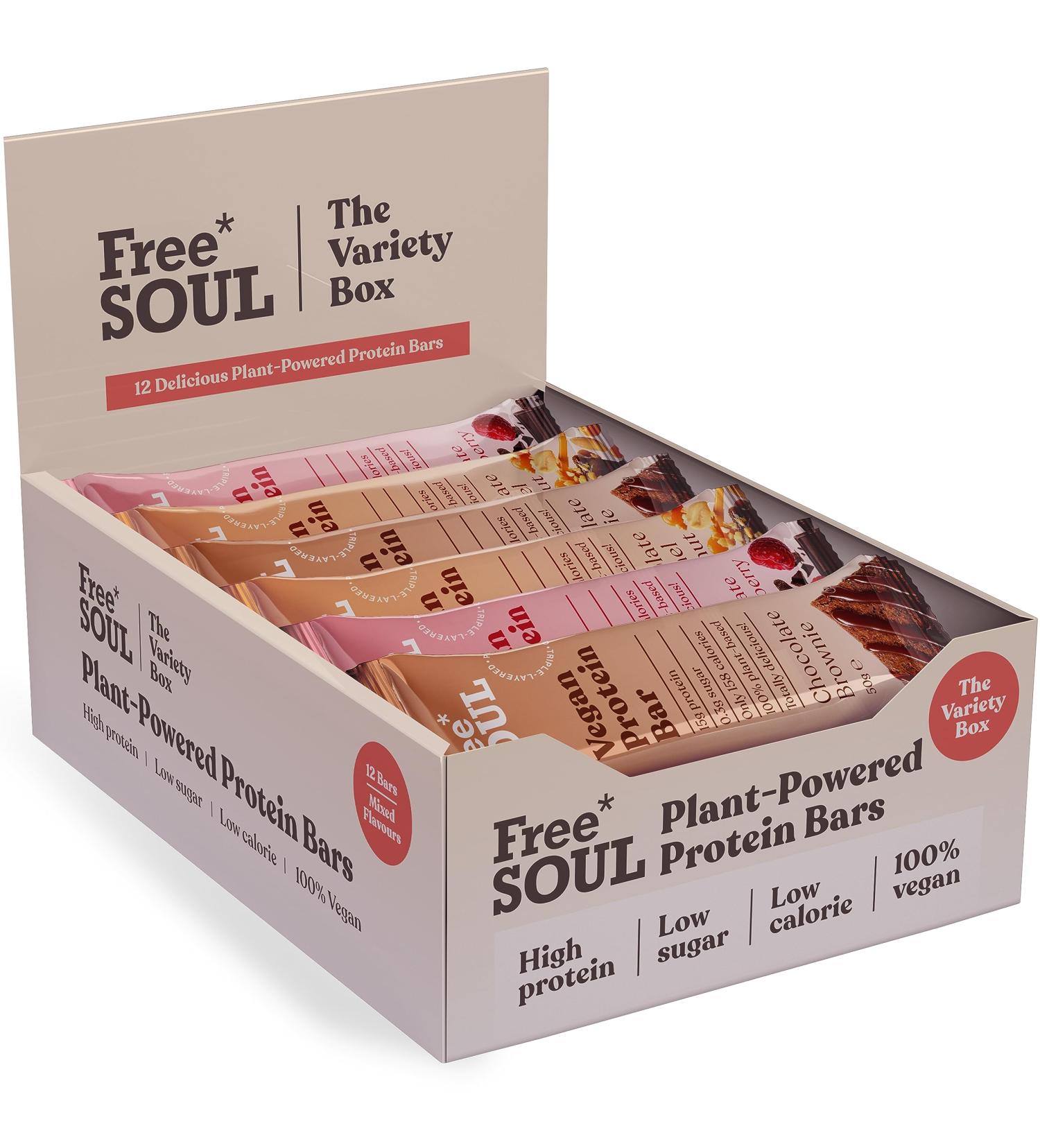 Free Soul Vegan Protein Bar | Plant Based Chocolate | High Protein Dairy Free | Low Sugar Low Carb | Sucralose Free Palm Oil Free | 12 Count Variety Box - Buy Online on GoSupps.com