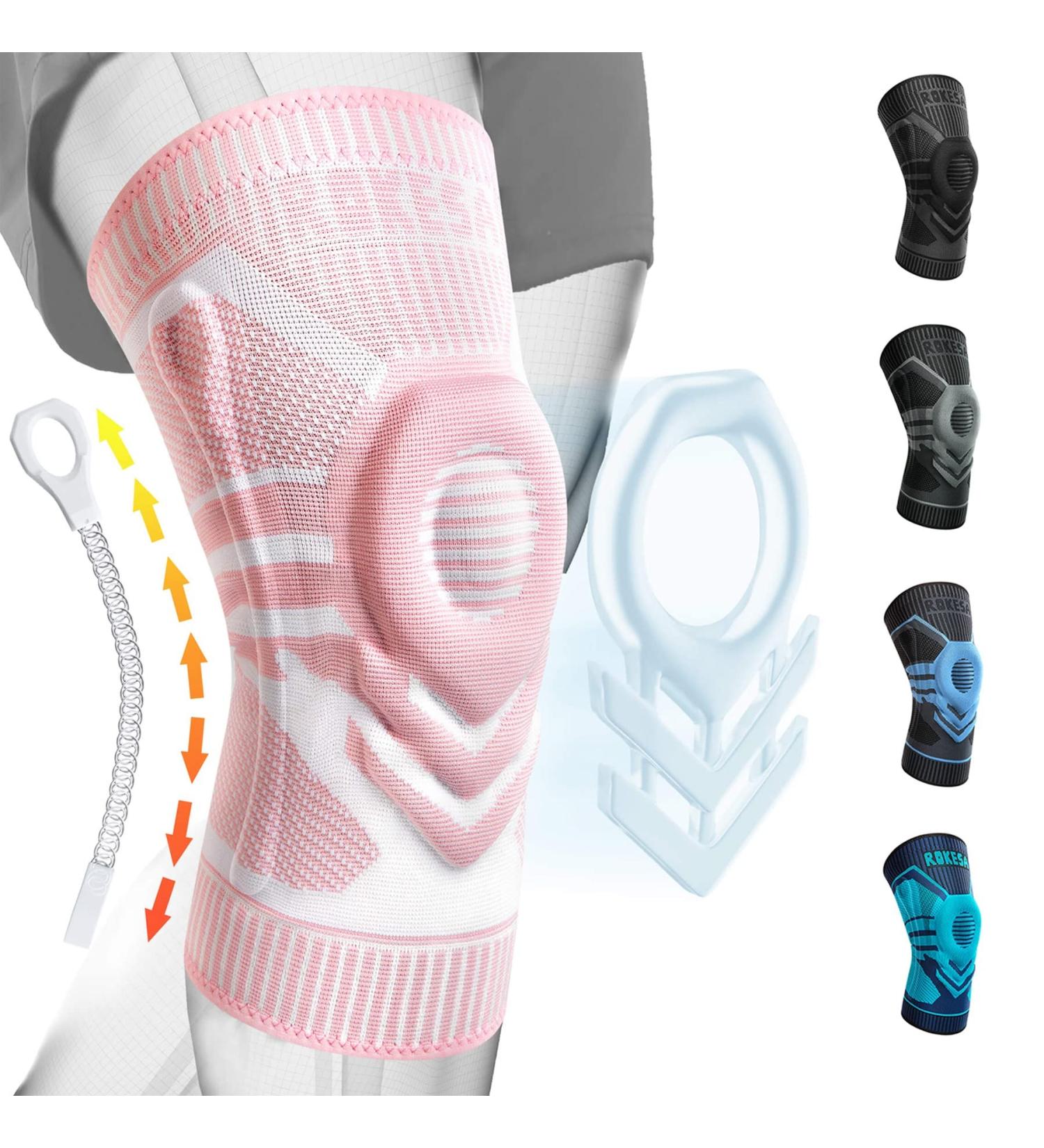 Rokesa Knee Brace Support Sleeve with Stabilizers & Gel Pads - Pink Small | For Men & Women | Arthritis, Meniscus Tear Relief - Buy Online on GoSupps.com
