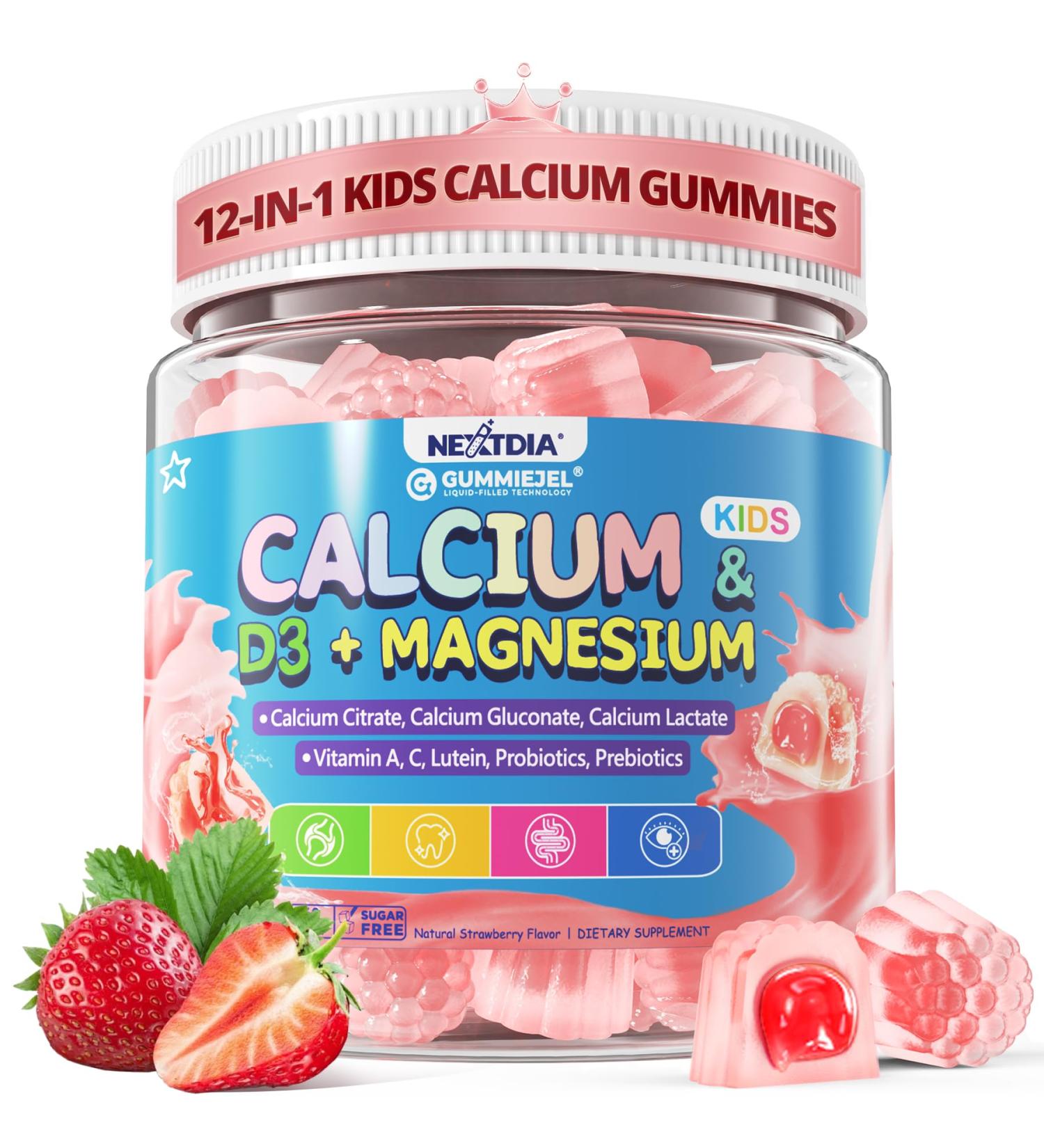 Kids Calcium Gummies + D3 & Magnesium for 4+, with Calcium Citrate Calcium Gluconate, Calcium Lactate, Probiotics & Prebiotics for Children Bone Health,Muscle Support,Digestive Health,Sugar Free 60Cts 60 Count (Pack of 1) - Buy Online on GoSupps.com