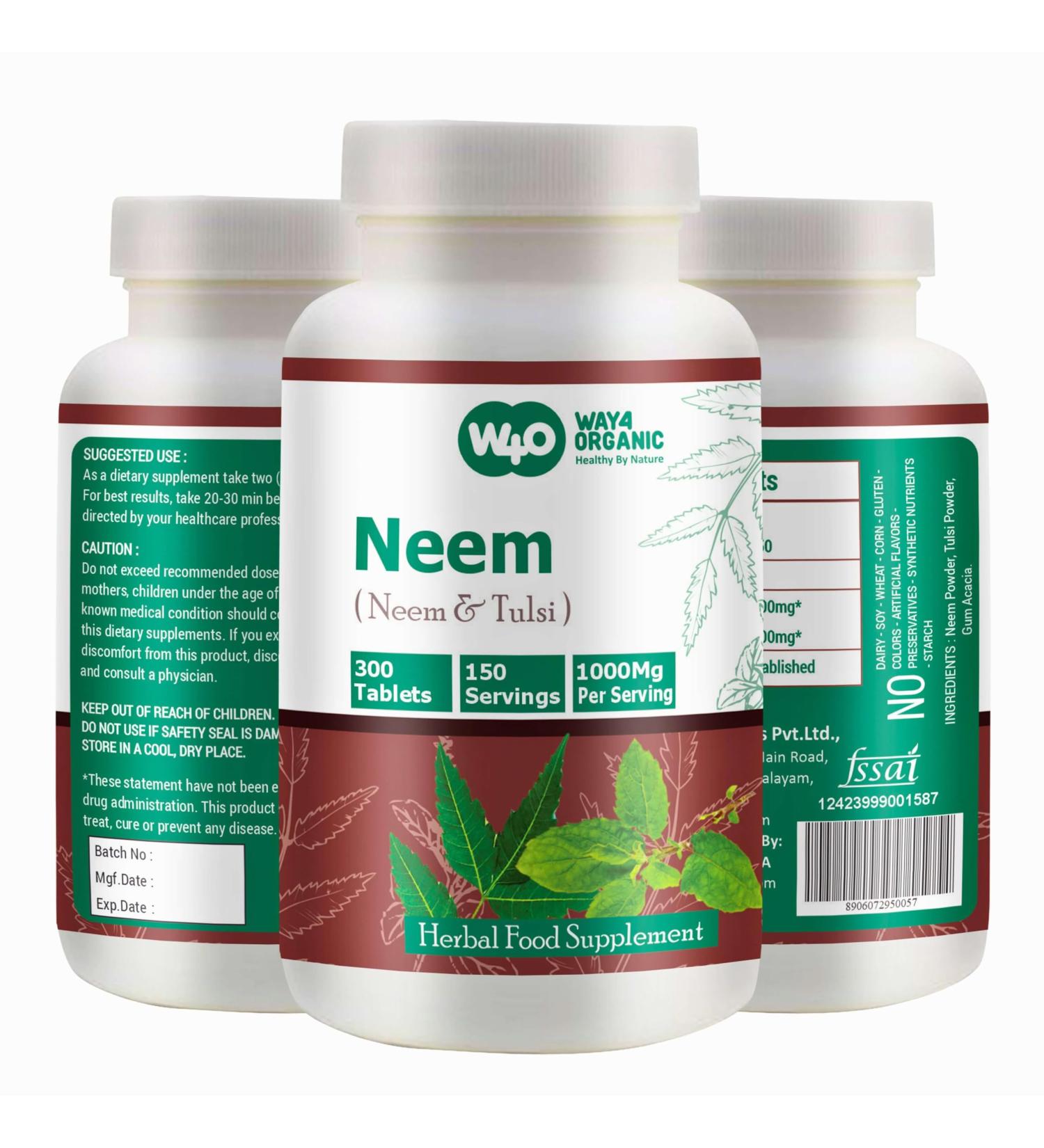 WAY 4 ORGANIC W4O Neem Tulsi Tablets 300 Pills 150 Servings 1000 mg Equal Ratio of Neem and Tulsi Supplement(Pack of 1) - Buy Online on GoSupps.com