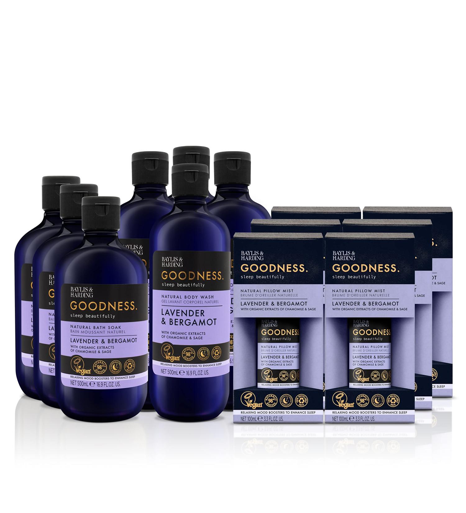 Baylis & Harding Goodness Sleep Bundle: 3 x 500 ml Bath Soak 4 x 500 ml Body Wash & 6 x 100 ml Pillow Mist (13 products) - Vegan Friendly Lavendar & Bergamot Sleep Bundle - Buy Online on GoSupps.com