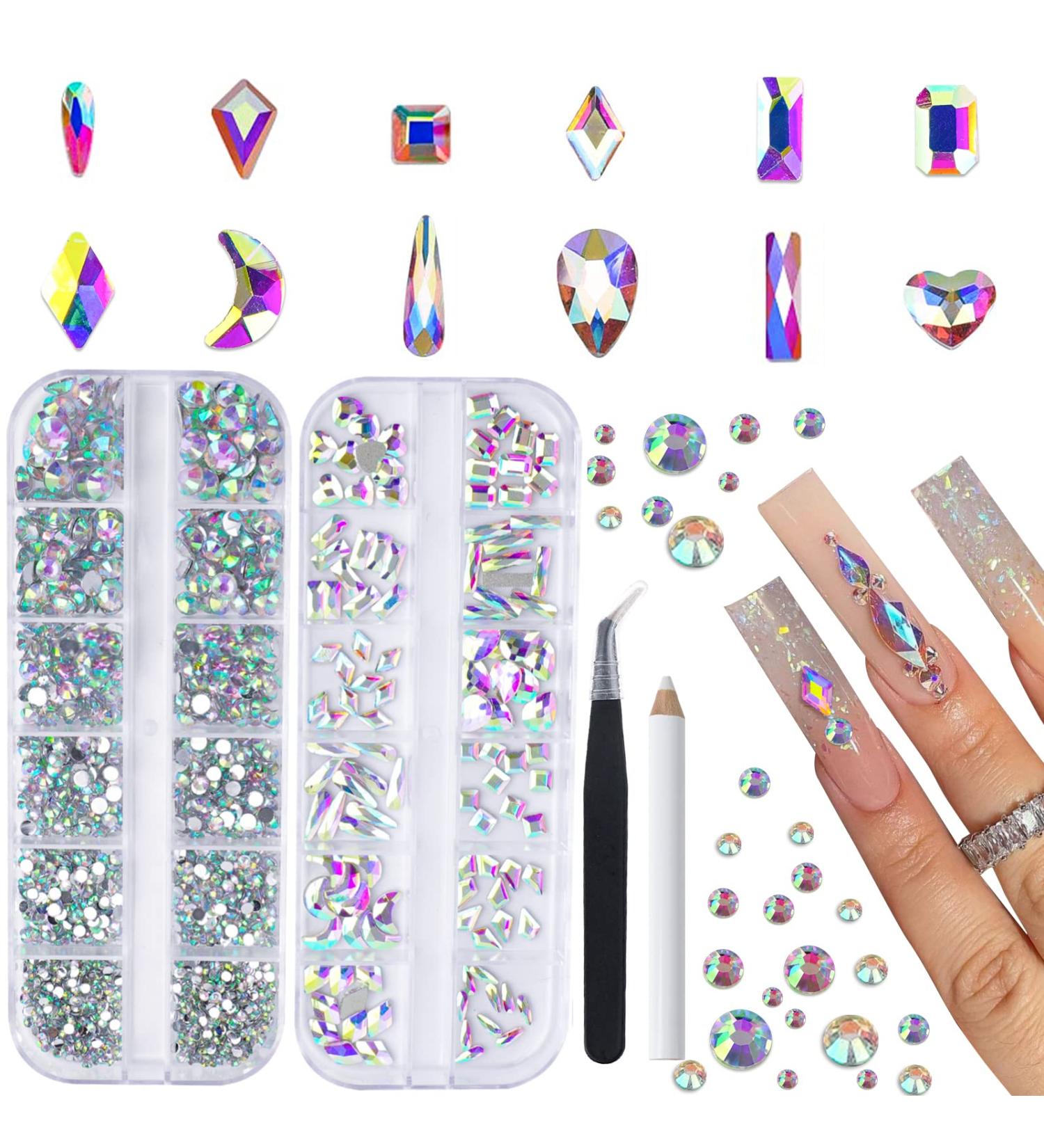 Canvalite 1820Pcs Rhinestones Nail Gems Set - 12 Styles Glass Crystals for Nail Art | Multi-Shape Flatback Rhinestones with Picker & Tweezers - Buy Online on GoSupps.com