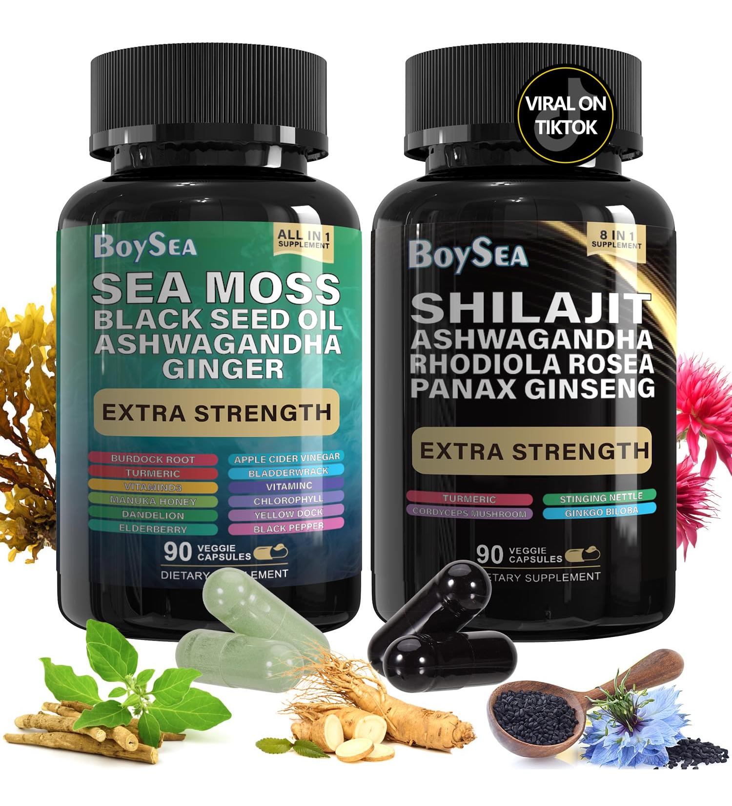 Boysea.Shilajit and Sea Moss Bundle- 90 Count - Sea Moss, Black Seed Oil, Ashwagandha, Ginger & Shilajit, Rhodiola Rosea, All in 1 Supplements (1 Pc) 90 Count (Pack of 2) - Buy Online on GoSupps.com