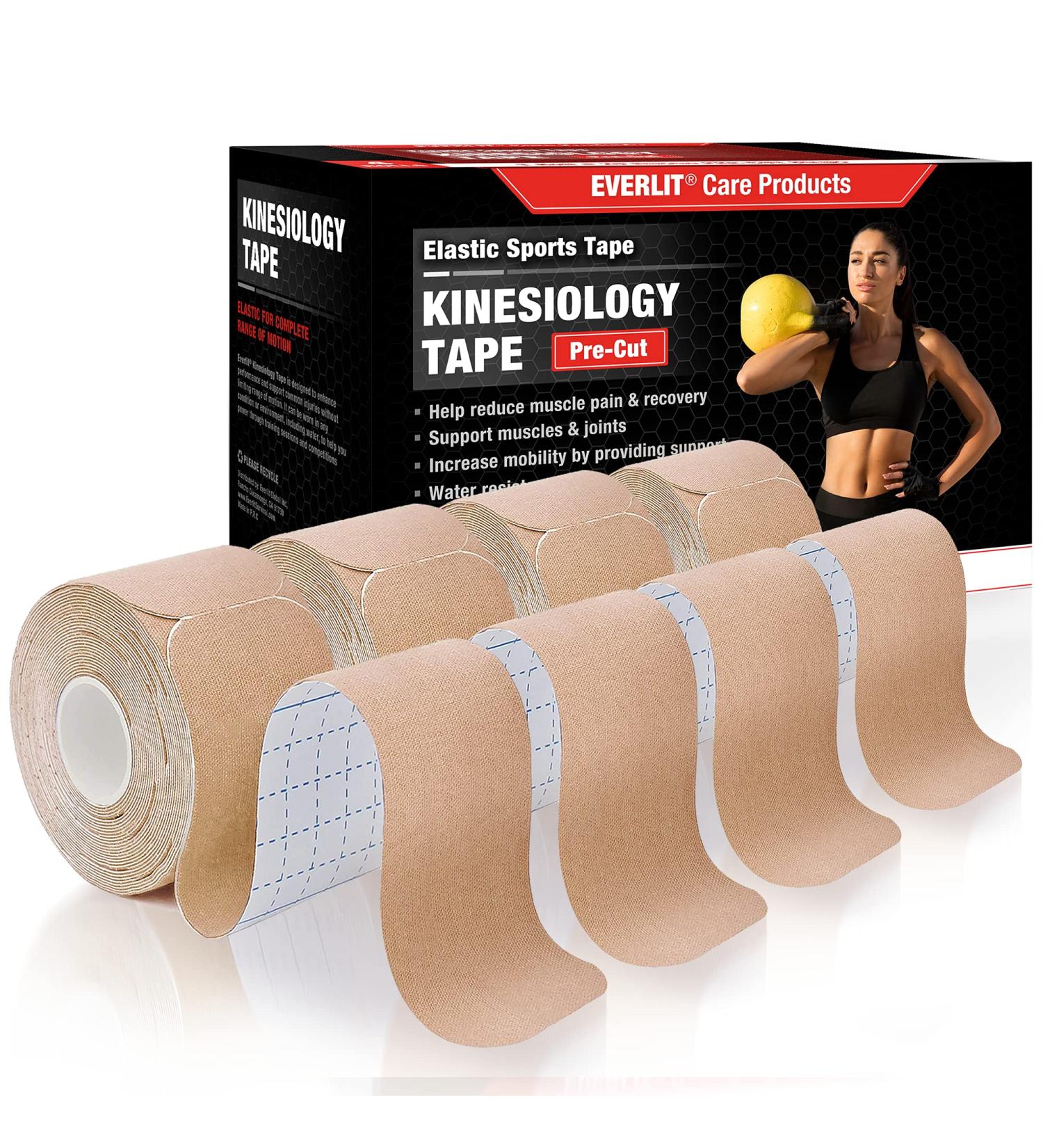 EVERLIT 4-Pack Pre-Cut Elastic Cotton Kinesiology Tape for Pain Relief - 80 Precut 10 Strips, Beige - Buy Online on GoSupps.com