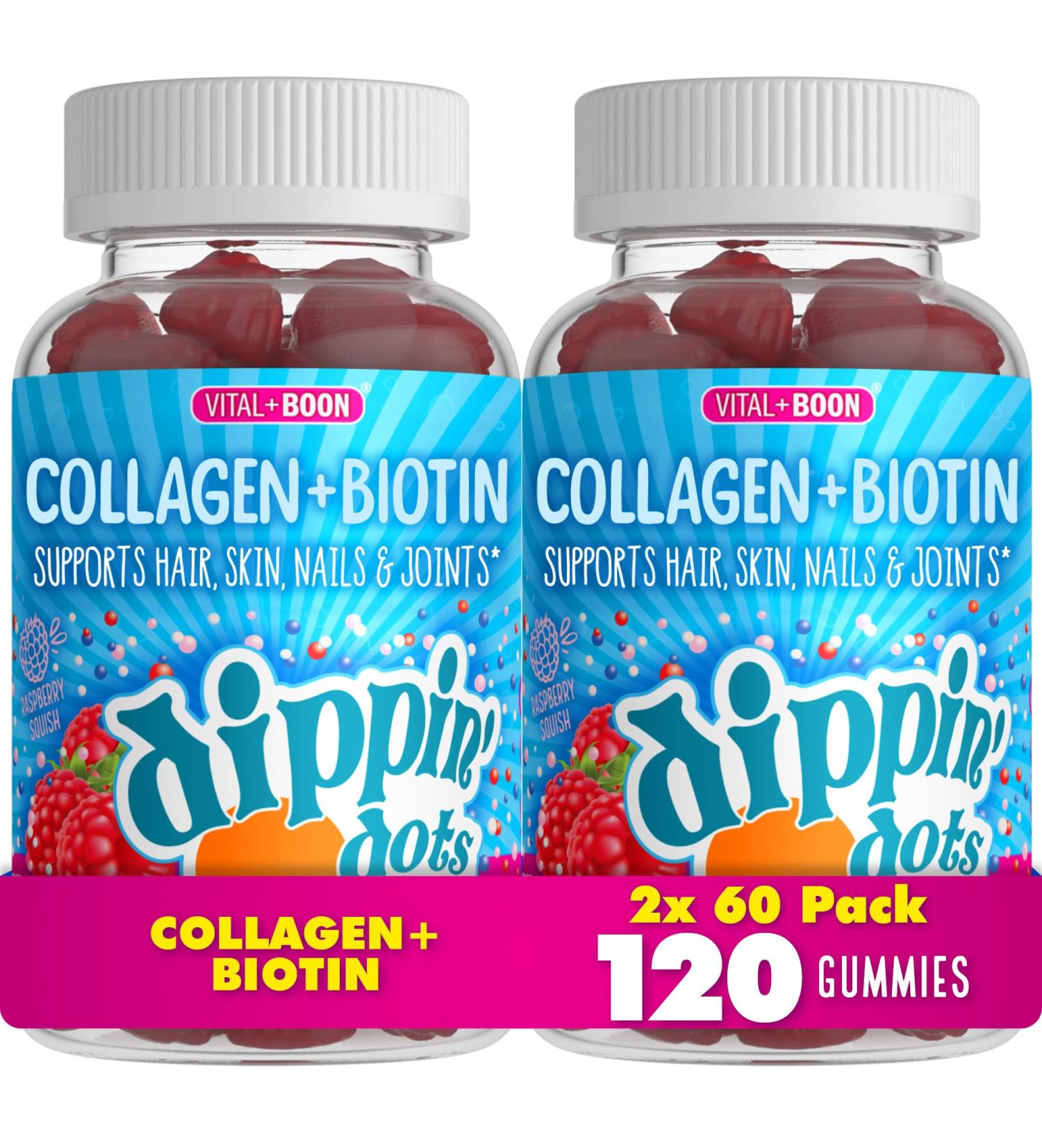Dippin Dots - Collagen + Biotin (60 Count) Gummies Rasberry Squish Flavor - 2 Pack 60 Count (Pack of 2) - Buy Online on GoSupps.com
