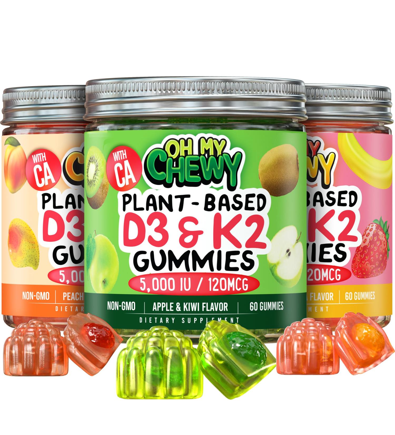OH MY CHEWY D3K2 Gummies Variety Pack 3 Bottles (60 Each) Strawberry Banana Apple Kiwi & Peach Mango - Buy Online on GoSupps.com