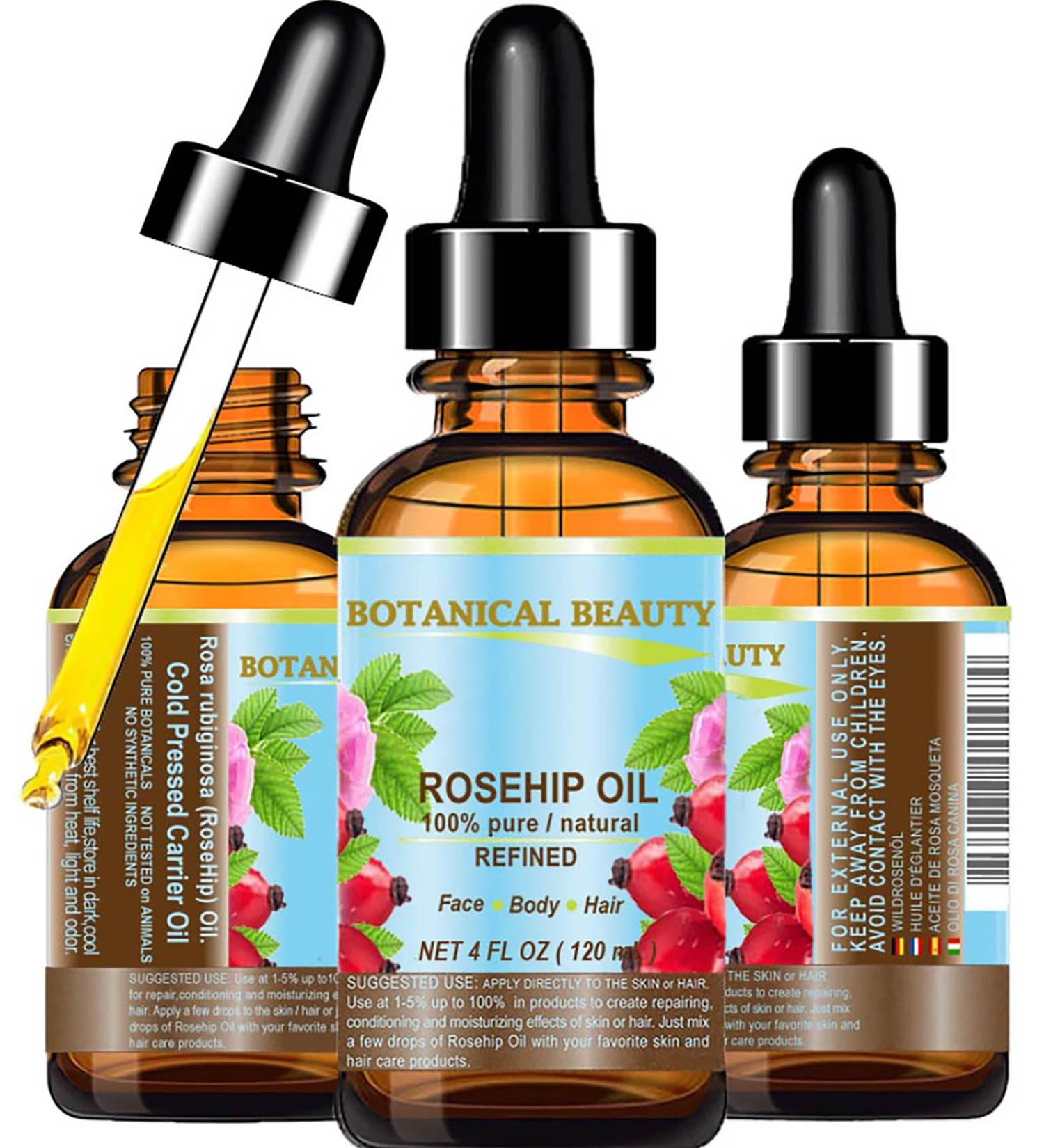 Pure Rosehip Oil 4 Fl. oz - Natural Anti-Aging Moisturizer for Face Body Hair & Nails | Botanical Beauty - Buy Online on GoSupps.com