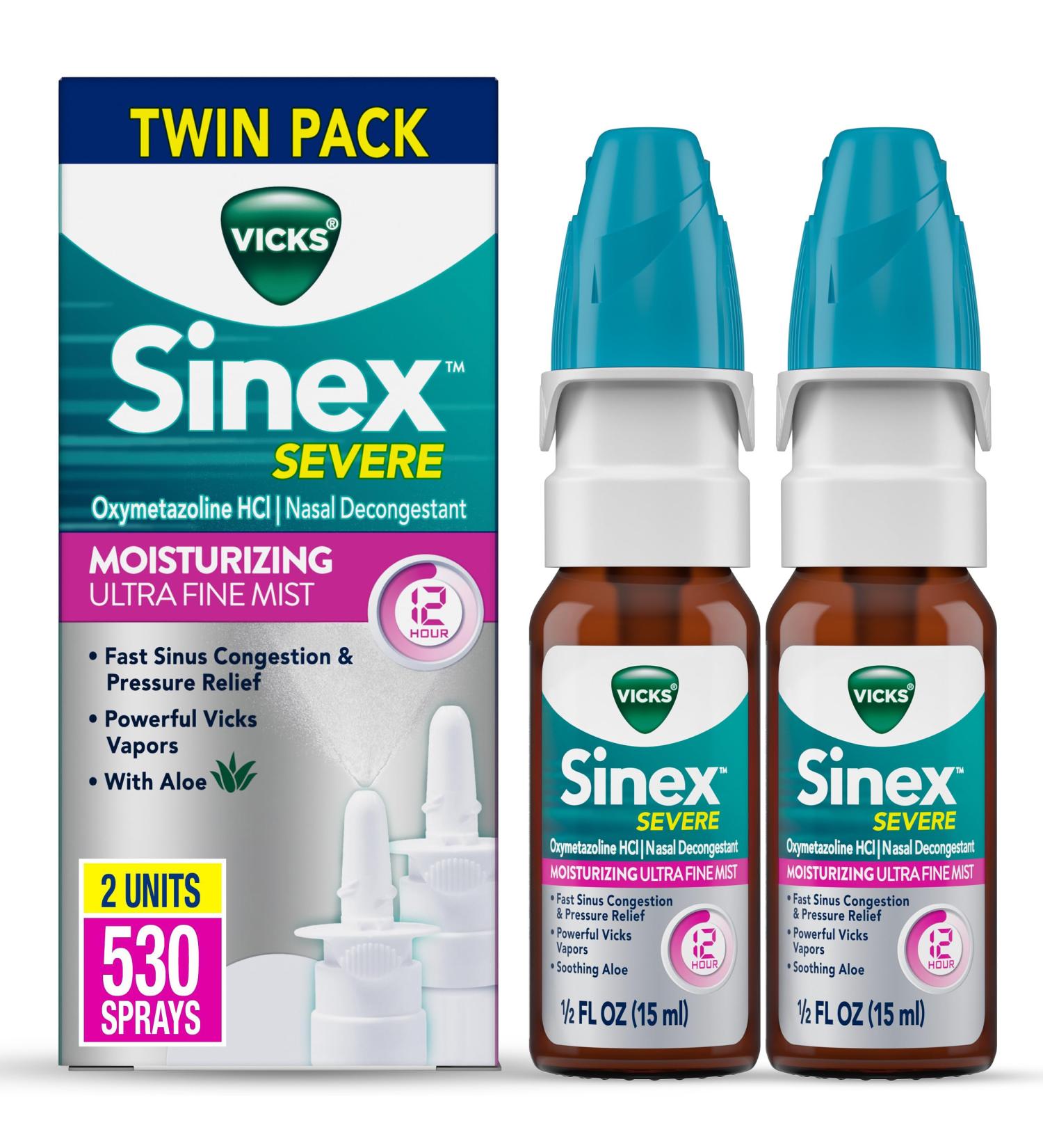 Vicks Sinex Severe Nasal Spray - Moisturizing Ultra Fine Mist with Aloe | Decongestant Relief for Cold & Allergy | 265 Sprays x 2 - Buy Internationally - Buy Online on GoSupps.com