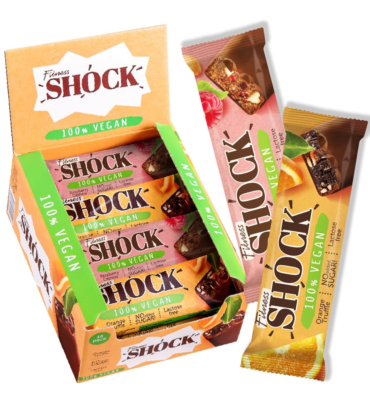 FitnesSHOCK Vegan Bar Mix Box 12-Pack Protein Bars with Oat Protein Nuts Orange/Raspberry No Added Sugar Fruit Bars 100% Vegan Natural Chocolate 9% Protein Lactose-Free 12x45g Mix Box 45g - Buy Online on GoSupps.com