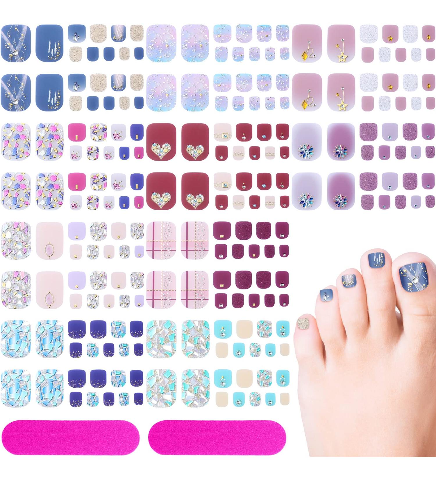 220-Piece 3D Rhinestone Toe Nail Polish Strips - Self-Adhesive Full Wraps with Nail Files | 10 Styles for Women and Girls - Buy Online on GoSupps.com