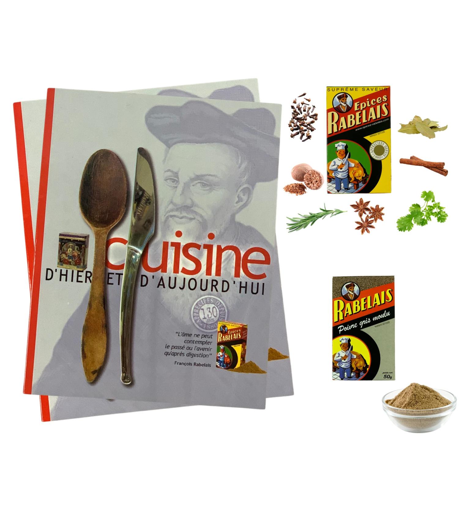 G n rique Rabelais recipe book with 1 can of Rabelais spices 50 g and 1 can of ground pepper 50 g