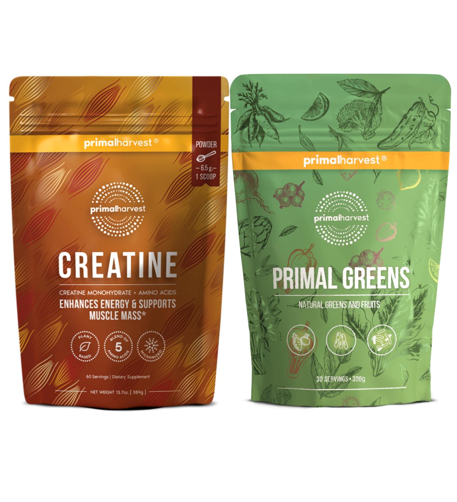 Primal Creatine Powder + Super Greens Powder Bundle | 2-Pack | Build Strength Boost Recovery & Support Wellness | 30 Servings Each - Buy Online on GoSupps.com