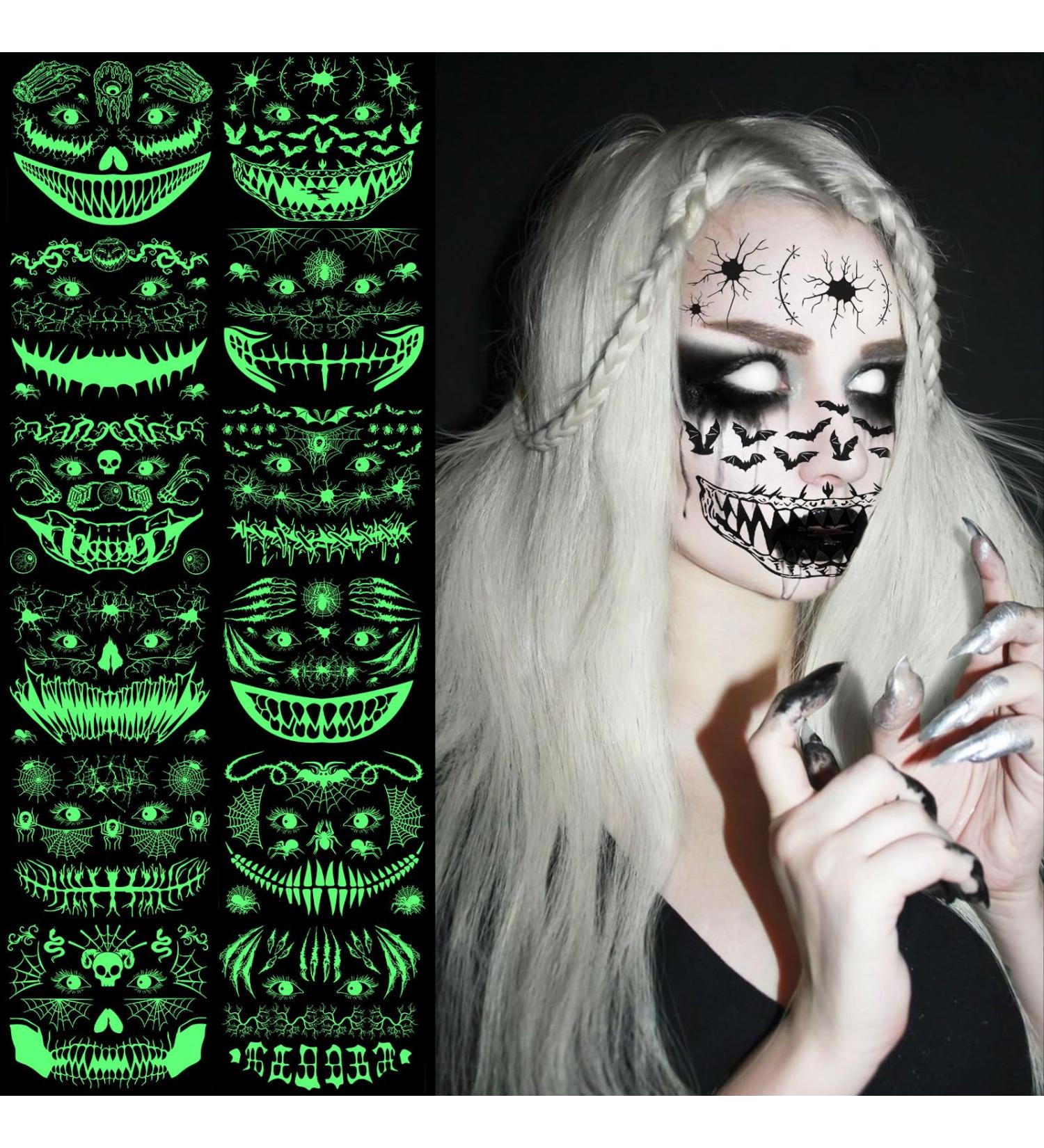 12 Sheets Halloween Face Tattoos Luminious Halloween Tattoos for Adults Kids Glow in The Dark Waterproof Halloween Temporary Tattoos for Horror Makeup Halloween Decor Party Supplies - Buy Online on GoSupps.com