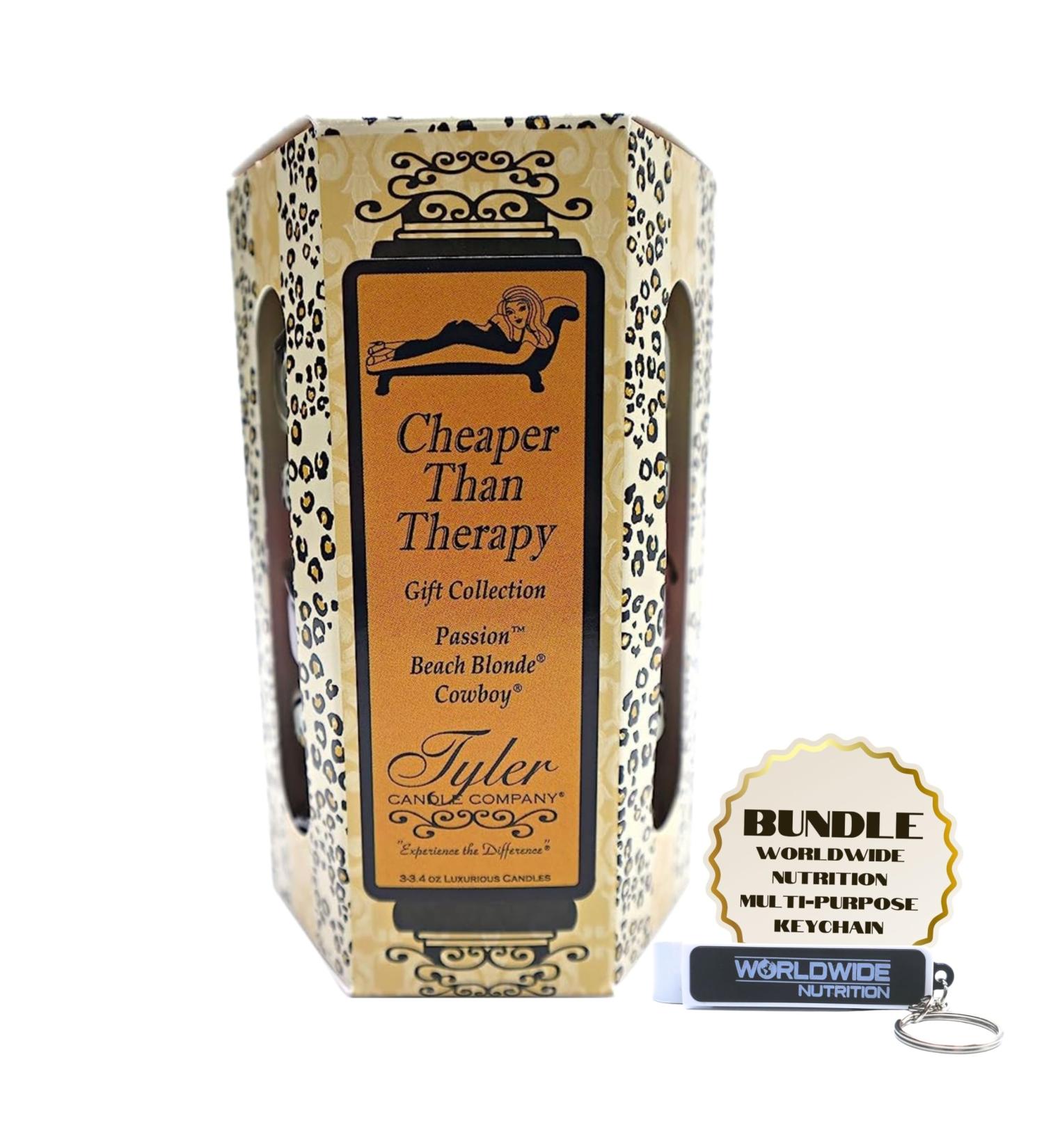 Worldwide Nutrition Bundle: Tyler Candle Co. Cheaper Than Therapy Gift Set - 3 Luxurious Scented Candles with Essential Oils & Key Chain - Buy Online on GoSupps.com