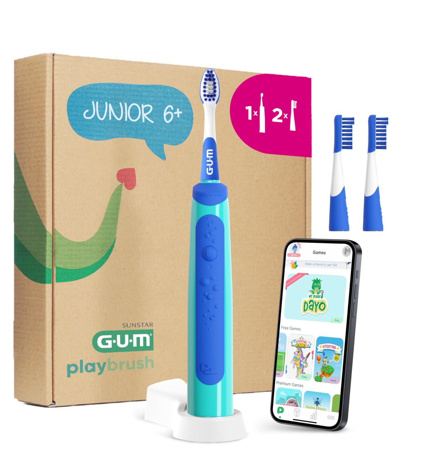 GUM Playbrush Junior 6+ Electric Toothbrush | Interactive Play App | 2 Blow Dry Modes | Extra Soft Bristles | 8 Weeks Battery - Buy Online on GoSupps.com