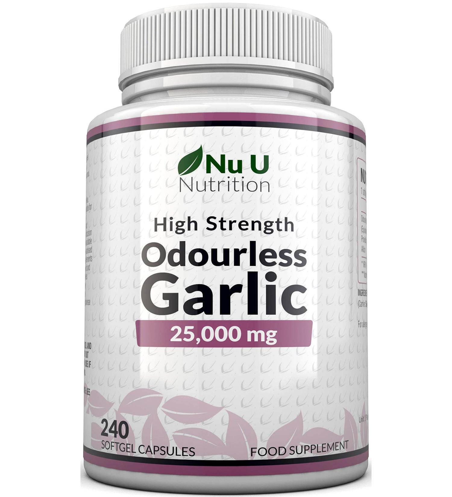Odourless Garlic Capsules 25,000mg - 240 Softgels - High Strength Supplement with Allicin - 8 Month Supply - Buy Online on GoSupps.com