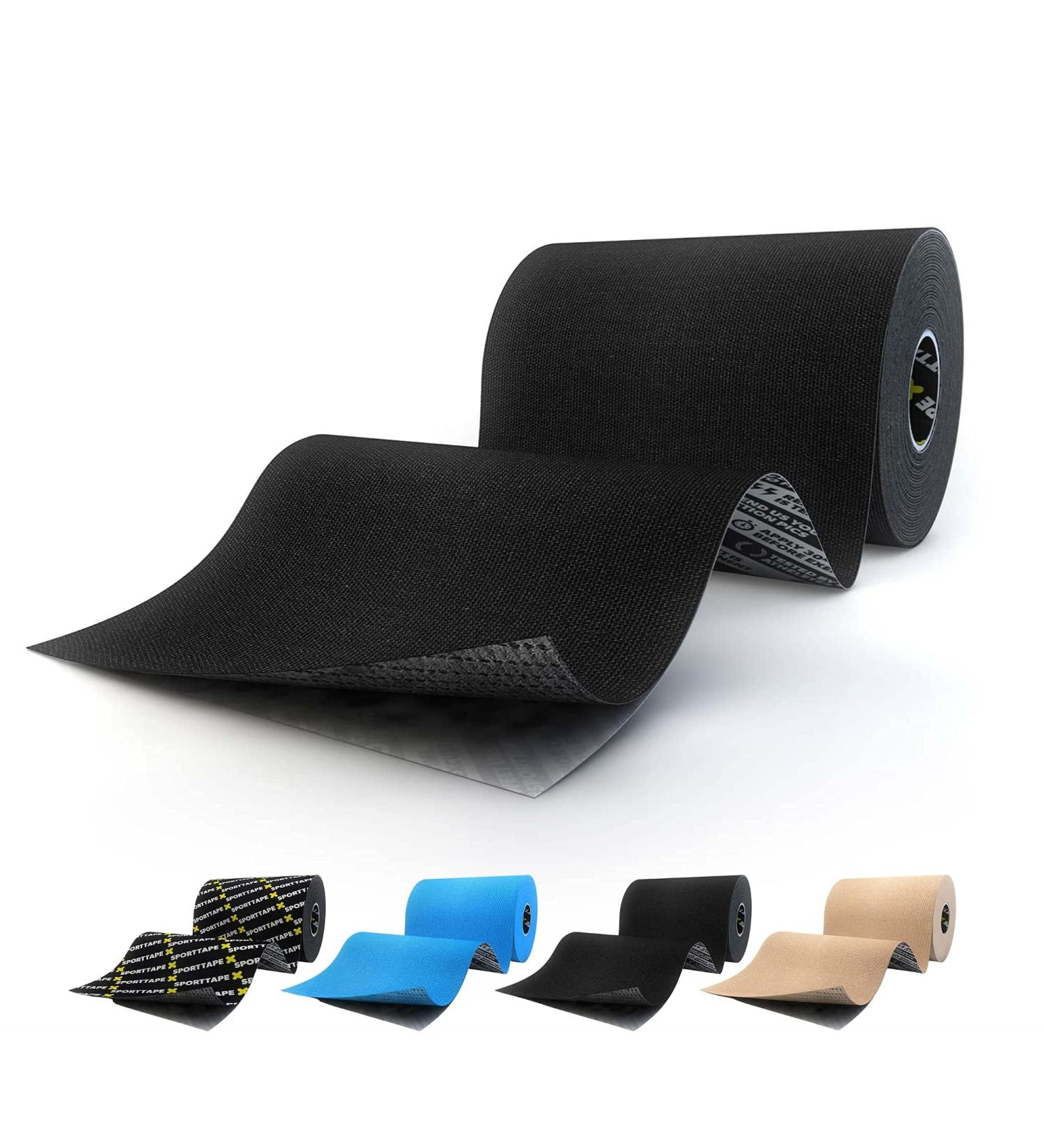 SPORTTAPE Extra Wide Kinesiology Tape 10cm x 5m - Black | Waterproof, Hypoallergenic, Extra Sticky | Wide KT Sports Tape for Muscle Injury & Lower Back | Single Roll - Buy Online on GoSupps.com