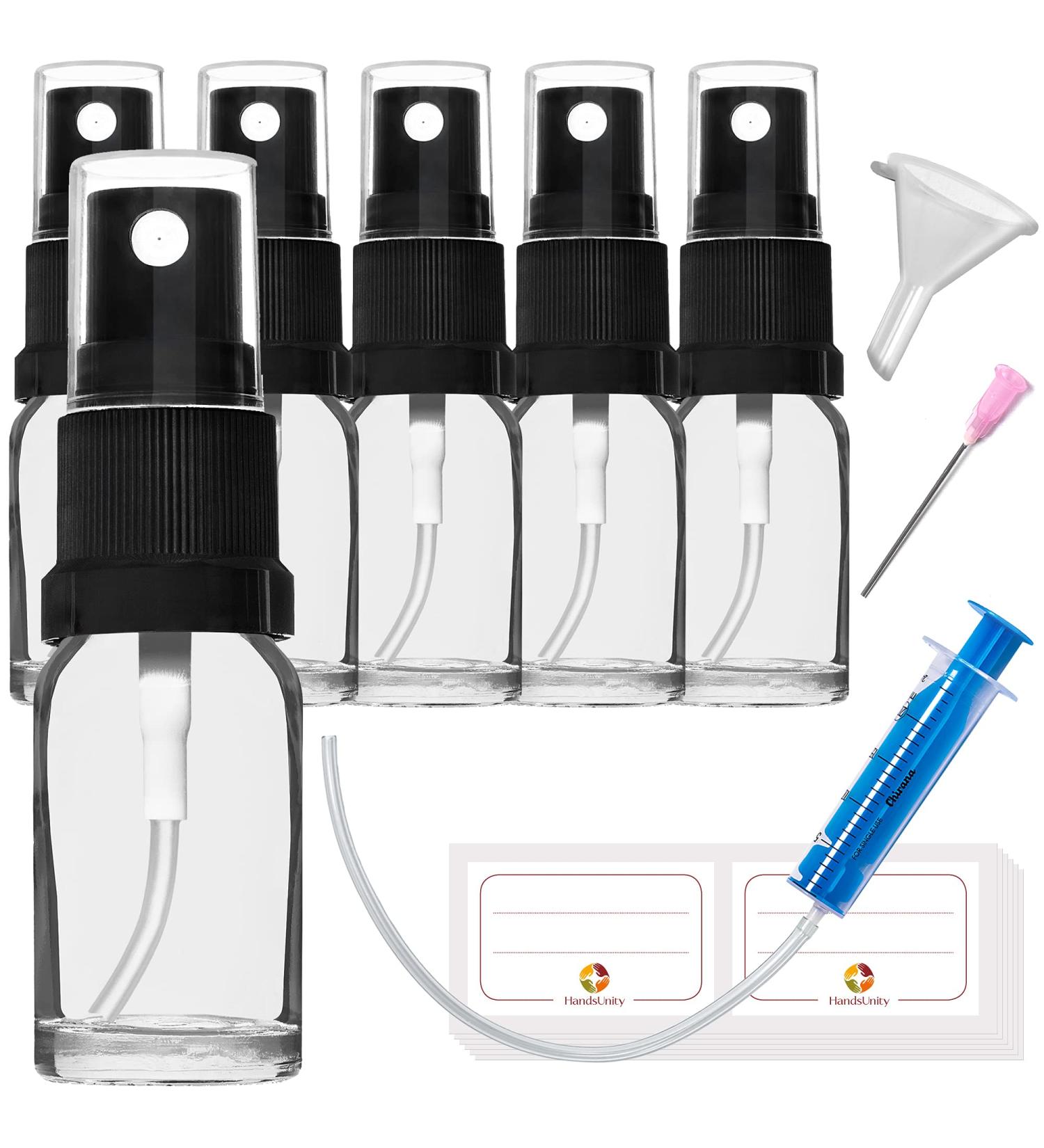 Handsunity 10ml-6Stk spray glass bottle-pharmacy clear glass bottle set with black atomizer glass spray bottle made of transparent glass including 17 accessories 10ml-6 pieces Black cap