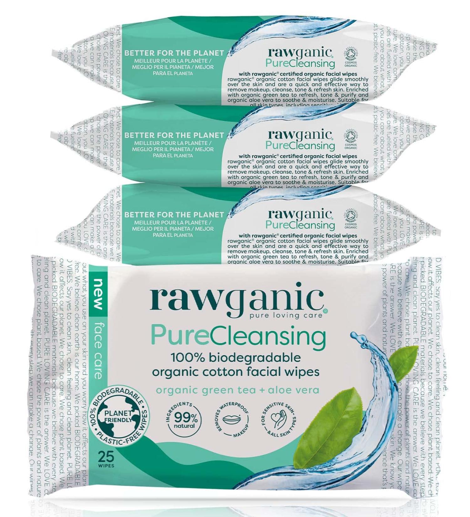 RAWGANIC Refreshing Facial Wipes - Fragrance-free Biodegradable Organic Cotton with Aloe Vera & Green Tea - 100 Wipes (4 Packs of 25) - Buy Online on GoSupps.com
