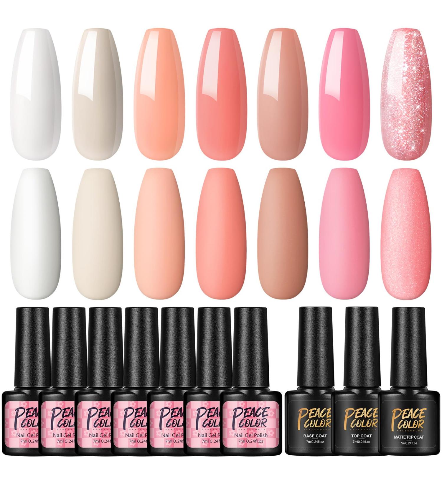 PEACECOLOR 7ML Nail Gel Polish Set 7Pcs with Top and Base Coat Matte Top Coat Kit Gel Nail Polish Starter Kit Glitter Gel Polish Soak Off Nail Base Coat Glossy Matte Top Coat for Women DIY Nail Art XA45 - Buy Online on GoSupps.com