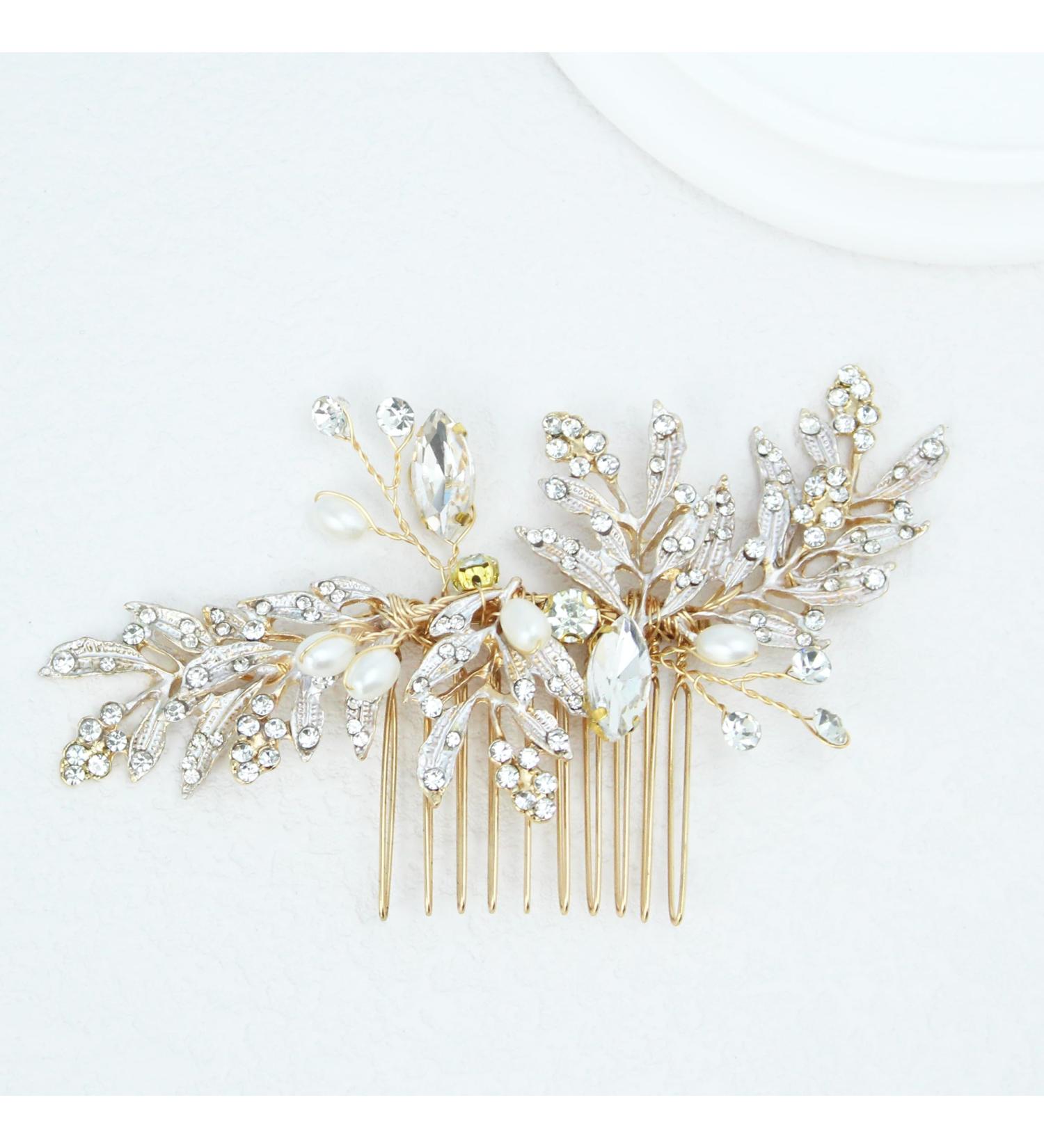 PTORIZNY Wedding Rhinestone Hair Comb Crystal Pearl Bride Hair Combs Gold Side Hair Combs Leaf Headpiece Bridal Hair Accessories for Women and Girls - Buy Online on GoSupps.com