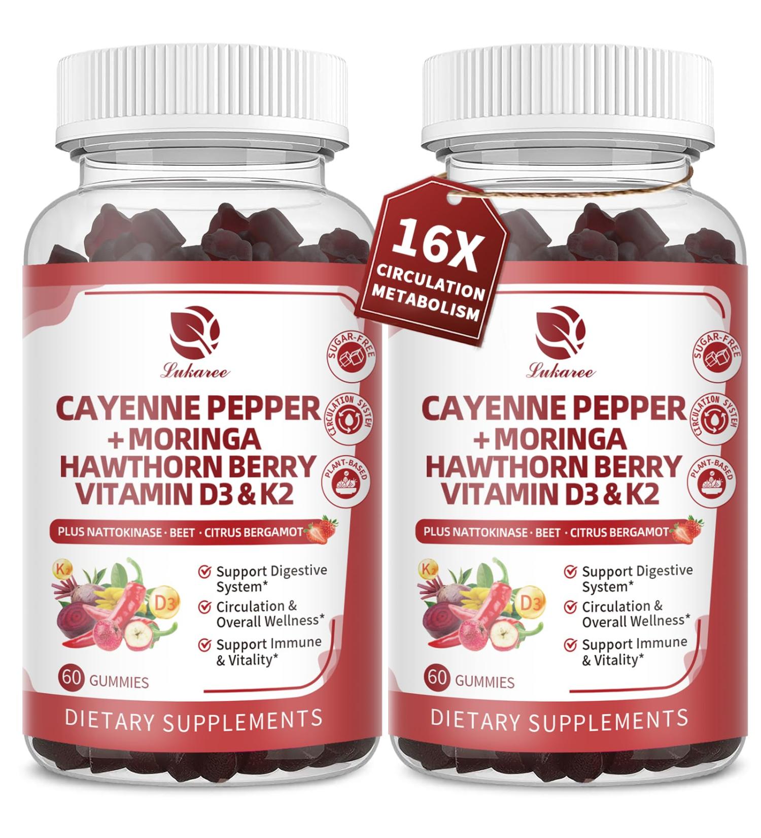 (2 Pack) 16 in 1 Cayenne Pepper Gummies- Sugar-Free 20x Capsaicin Supplements Complex w/Moringa Hawthorn Beet Root - Plus Wormwood Citrus Bergamot Support Circulation* & Overall Wellness* - 60 CT 60 Count (Pack of 2) - Buy Online on GoSupps.com