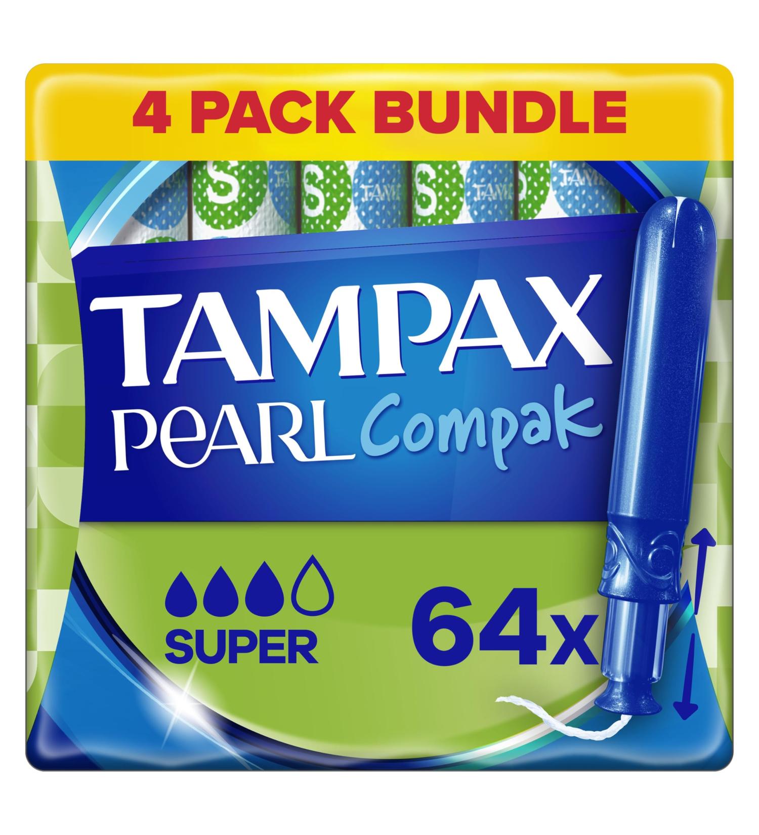 Tampax Compak Pearl Tampons Super With Applicator 64 Tampons (16 x 4 Packs) Leak Protection And Discretion - Buy Online on GoSupps.com