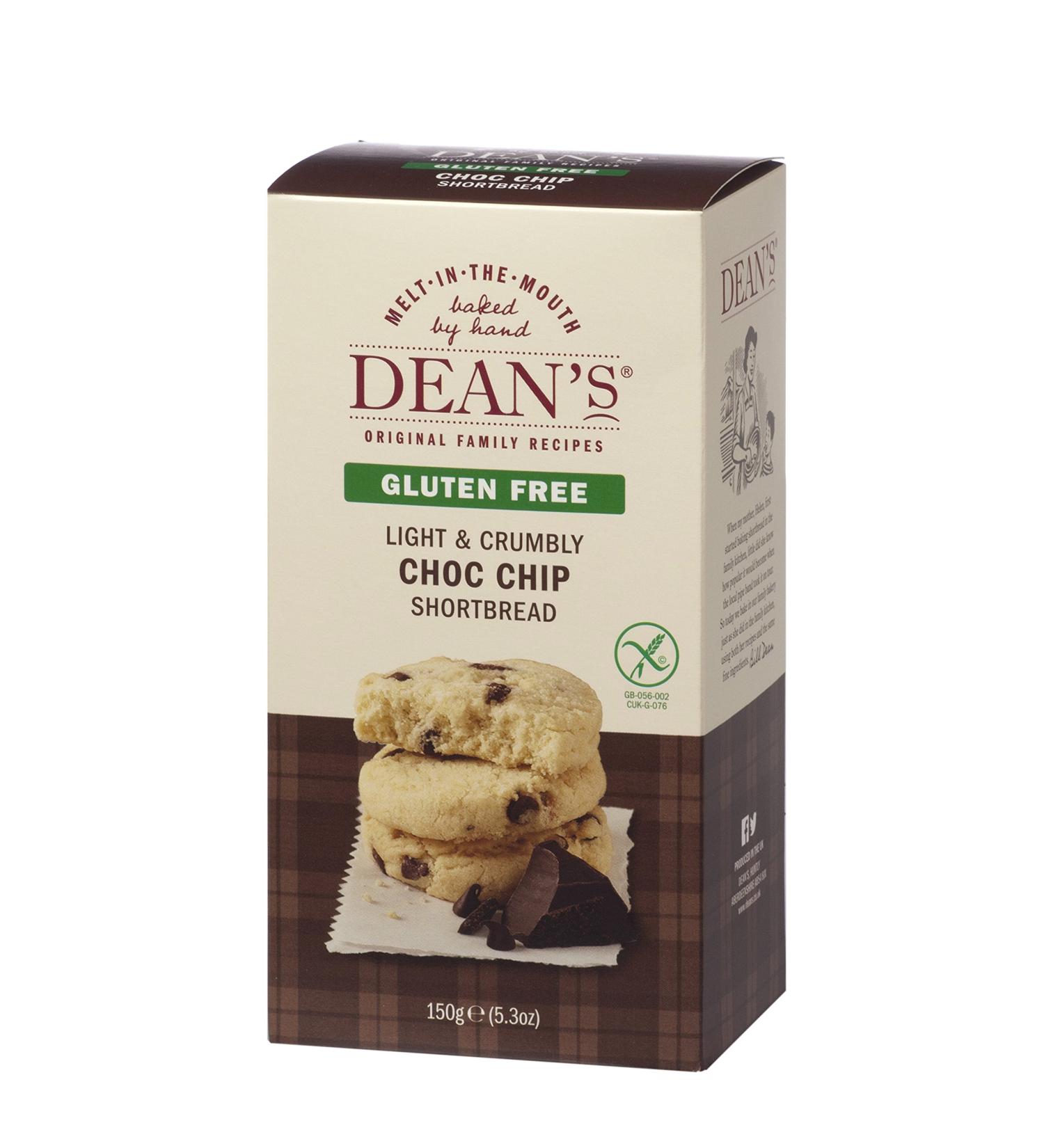 Deans Gluten Free Shortbread Biscuits - Wheat Free 150g Box Chocolate Chip Flavour & Great Texture. All Butter Snack Choc Chip Cookies Slowly Baked By Hand To An Original Scottish Recipe - Buy Online on GoSupps.com