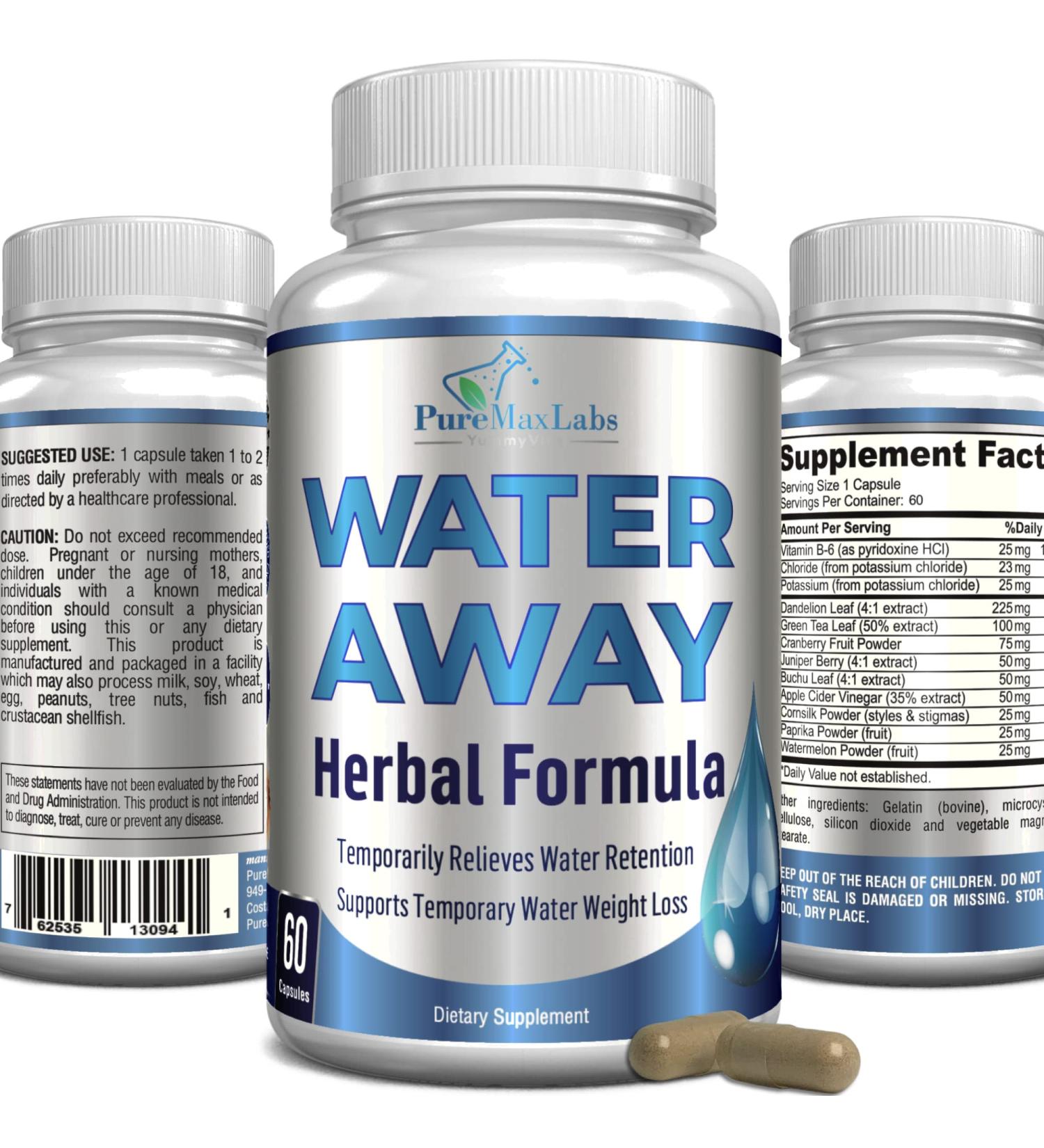 Water Away Herbal Diuretic - Natural Water Pills for Bloating Relief & Weight Loss - Dandelion & Green Tea Detox Cleanse - Urinary Health Support - Non-GMO, 60 Capsules - Buy Online on GoSupps.com