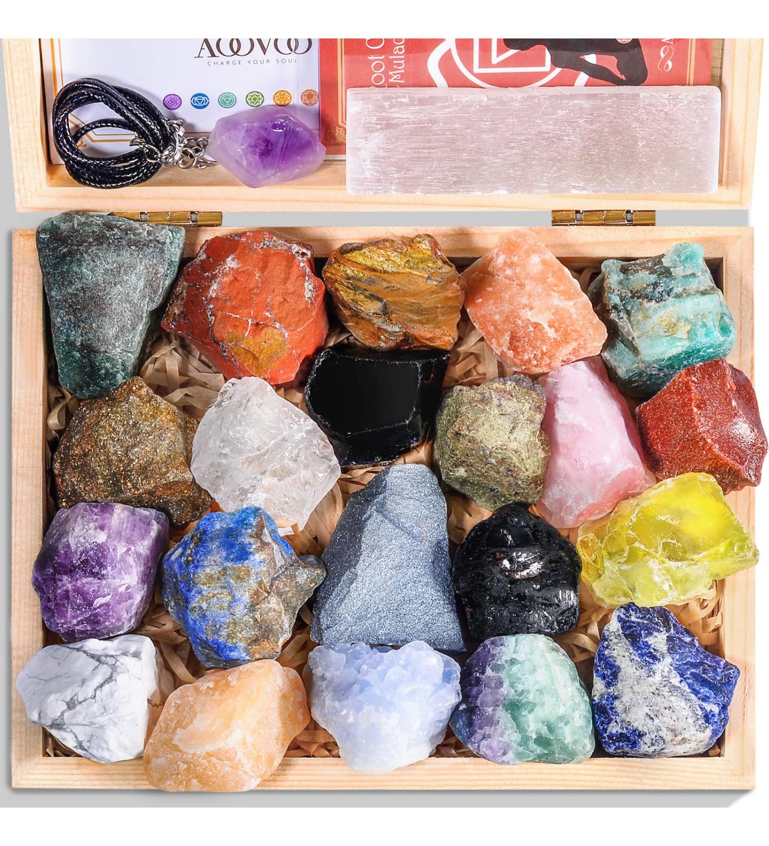 AOOVOO 31Pcs Crystals & Healing Stones Collection | Chakra Stones, Selenite Stick, Amethyst Necklace, Rose Quartz in Wooden Box | Beginner's Gift Set for Meditation & Yoga - Buy Online on GoSupps.com