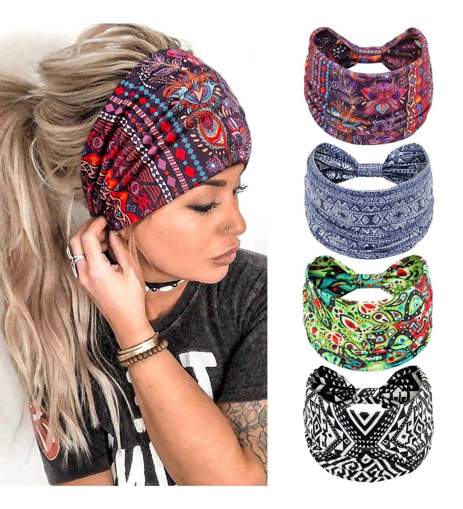 Wide Elastic Boho Headbands for Women - Soft Leopard Print Yoga & Sport Hair Bands - Multi-Colored Set of 4 - Buy Online on GoSupps.com