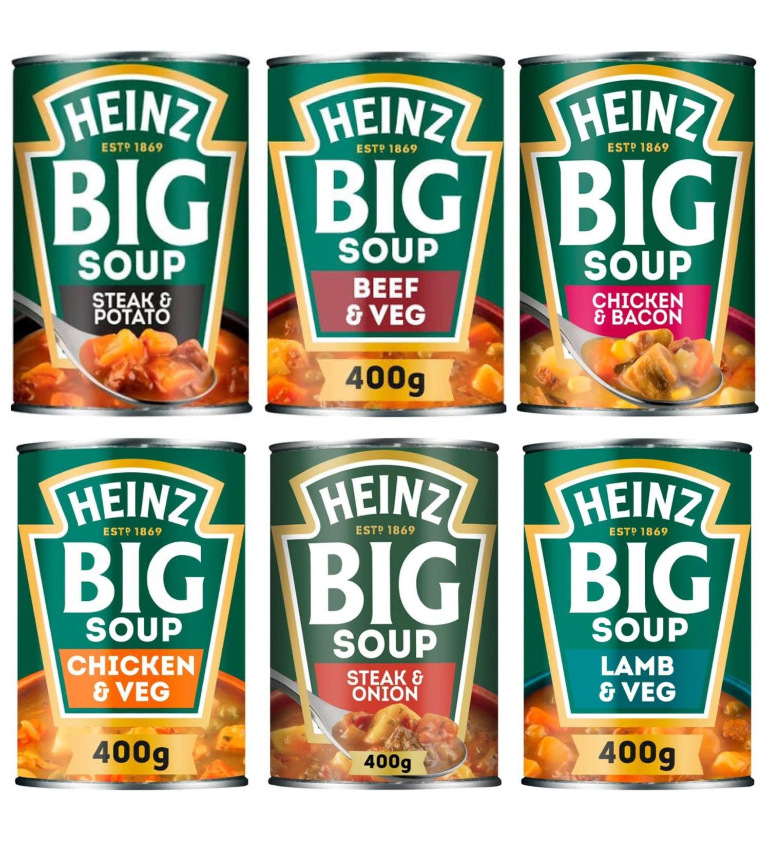 Heinz - Big Soup Bundle Bundle 6 x Tins (400g) Beef & Veg Steak & Potato and Chicken & Veg Chicken & Bacon Lamb & Veg and Steak & Onion - Buy Online on GoSupps.com