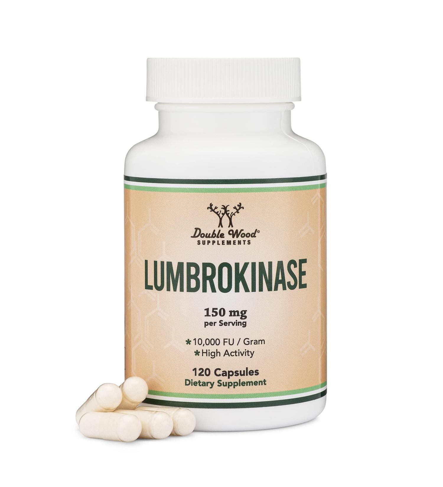 Lumbrokinase Enzymes Supplement - 120 Capsules (Max Activity 10,000 FU/Gram) 150mg per Serving (No Fillers Non-GMO Gluten Free) for Cardiovascular and Blood Circulation Support by Double Wood - Buy Online on GoSupps.com