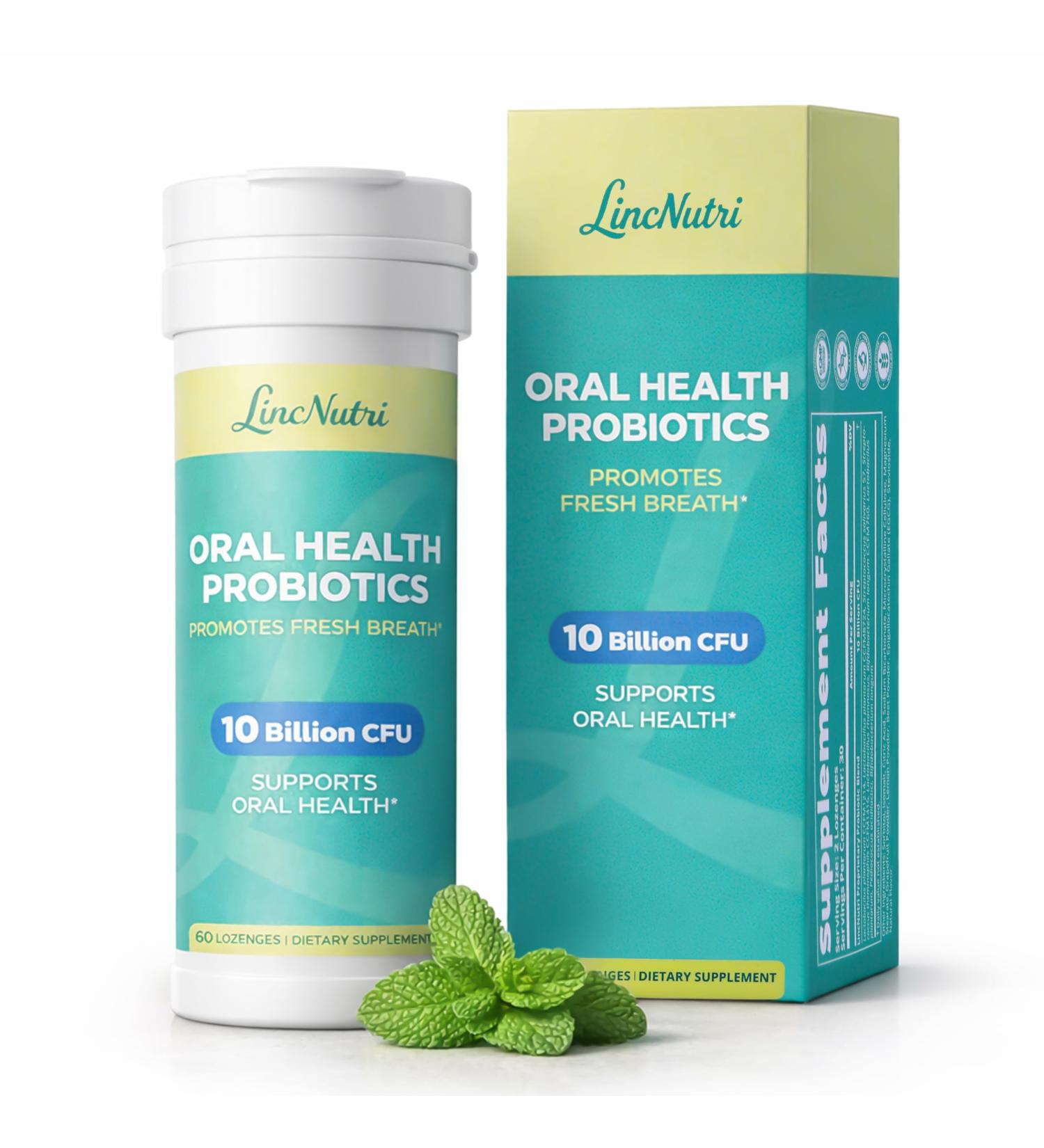 LincNutri Oral Probiotics for Bad Breath & Mouth for Adults 10 Billion CFU - Dental Probiotic Supports Fresh Breath - Dental Plaque & Cavity Prevention - for Gum & Teeth Care - 60 Lozenges Mint Flavor - Buy Online on GoSupps.com