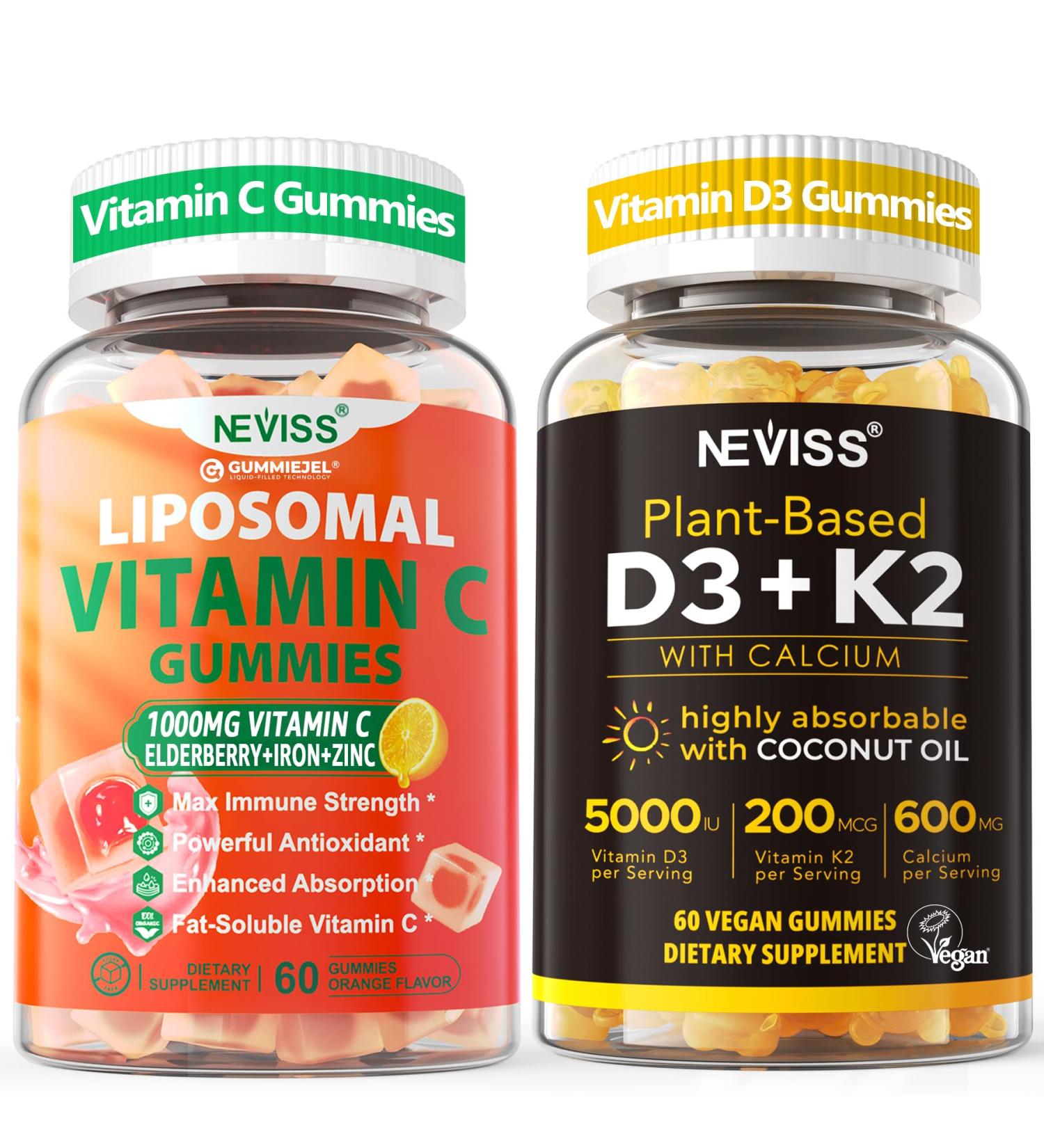 NEVISS 1Pack Liposomal Vitamin C 1000mg Gummies + 1Pack Vitamin D3 5000iu Gummies - Buy Online on GoSupps.com
