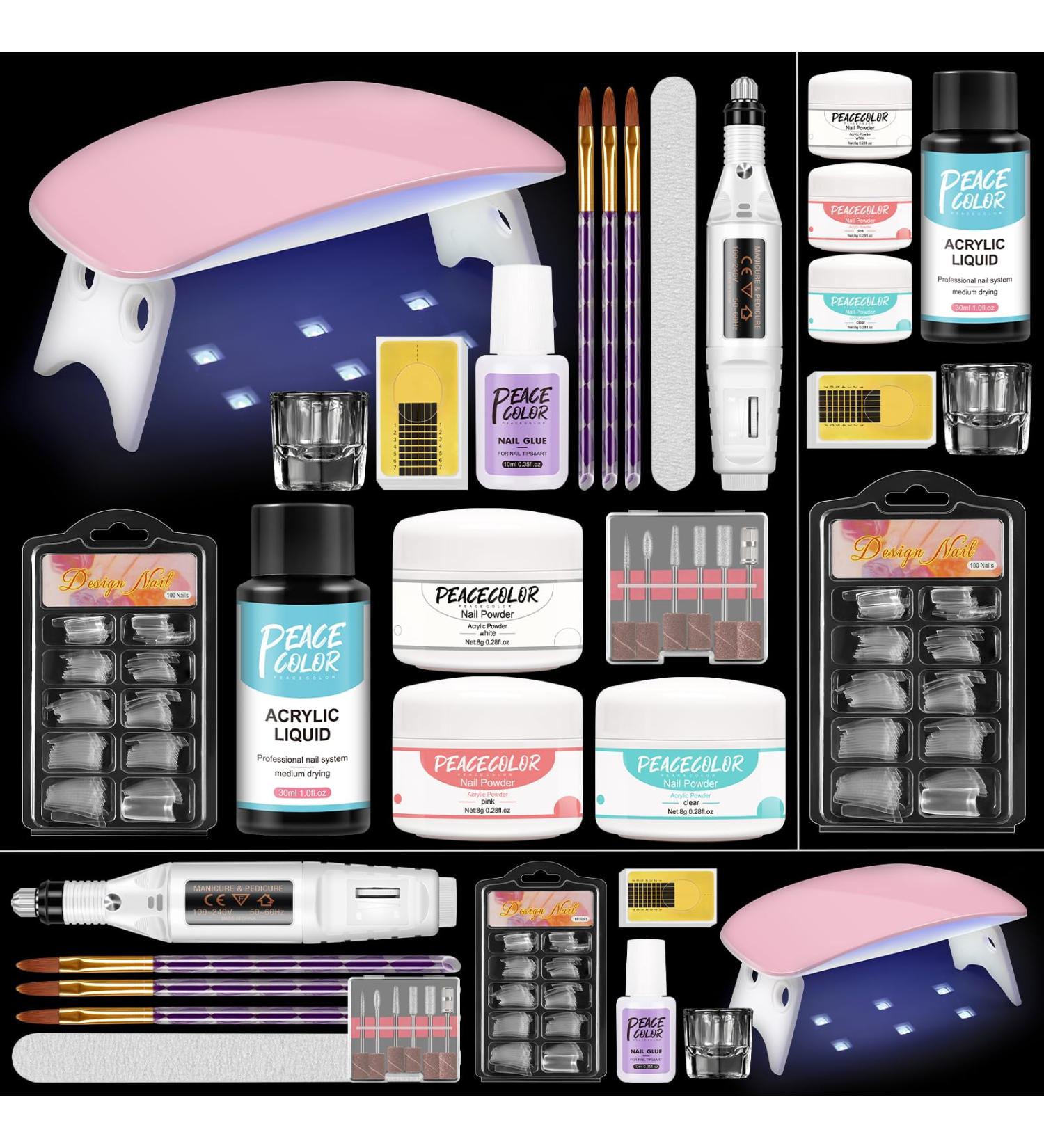 PEACECOLOR Acrylic Nail Kit with Lamp & Drill Machine - 3 Colors Powder, 8g Acrylic, Salon Quality Nails - Beginner's Extension Kit KAP0070 - Buy Online on GoSupps.com