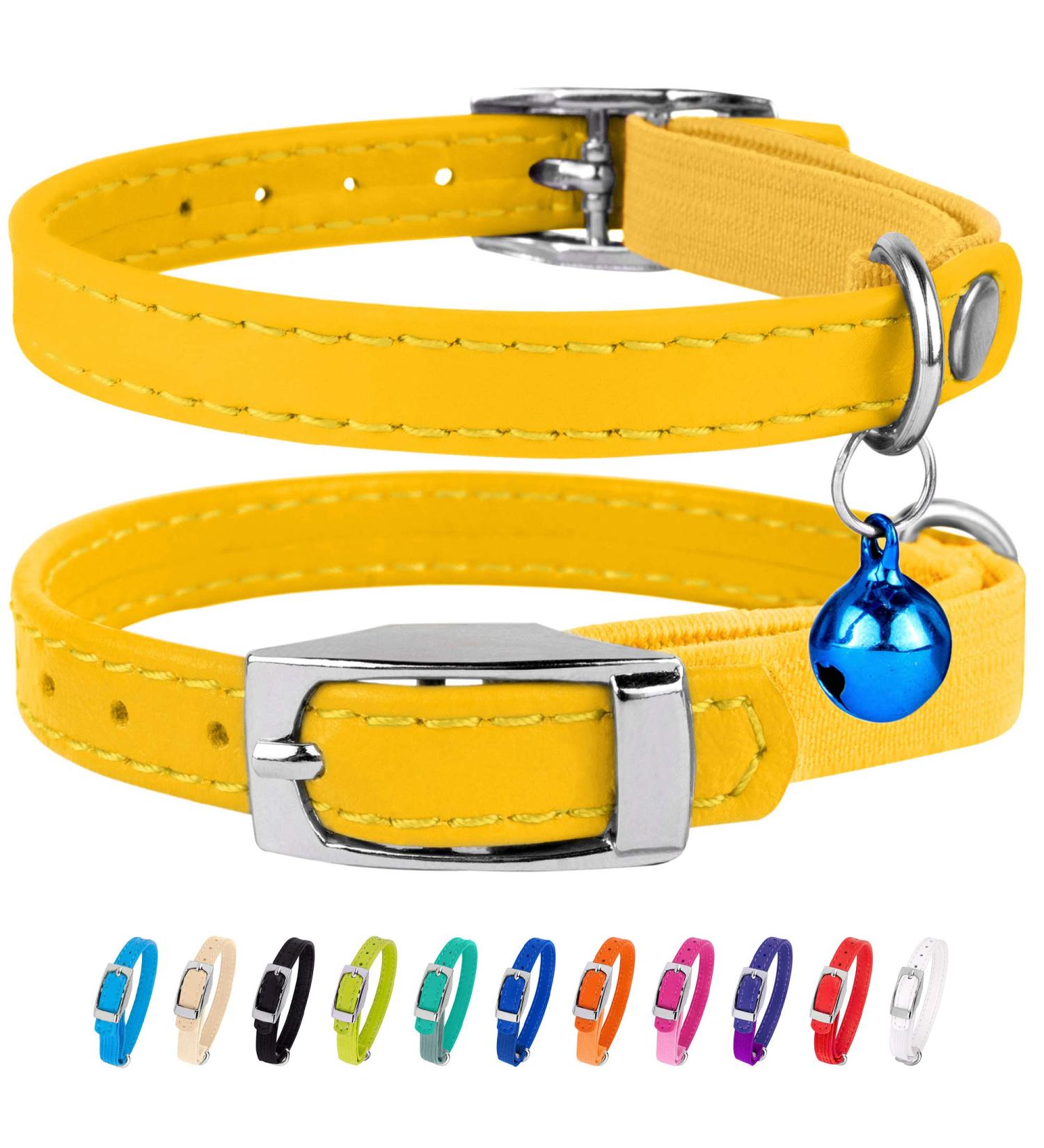 Collardirect Leather Cat Neck Band - Safety Collar for Cats with Elastic Belt & Bell | Adjustable 23-28 cm in Black Blue Red Orange Green Pink Yellow - Buy Online on GoSupps.com