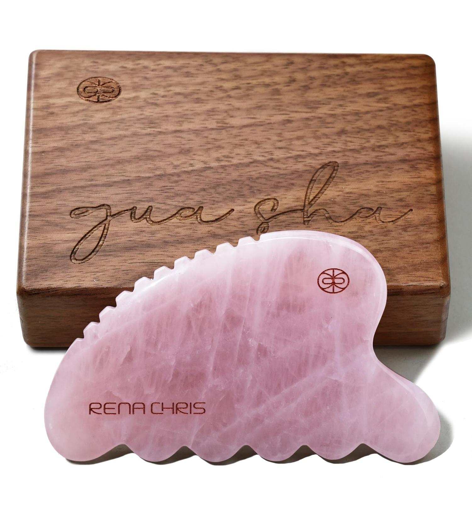 Rena Chris Gua Sha Facial Tool Rose Quartz Stone for Face Lifting & Body Massage | Exquisite Wooden Box Included - Buy Online on GoSupps.com