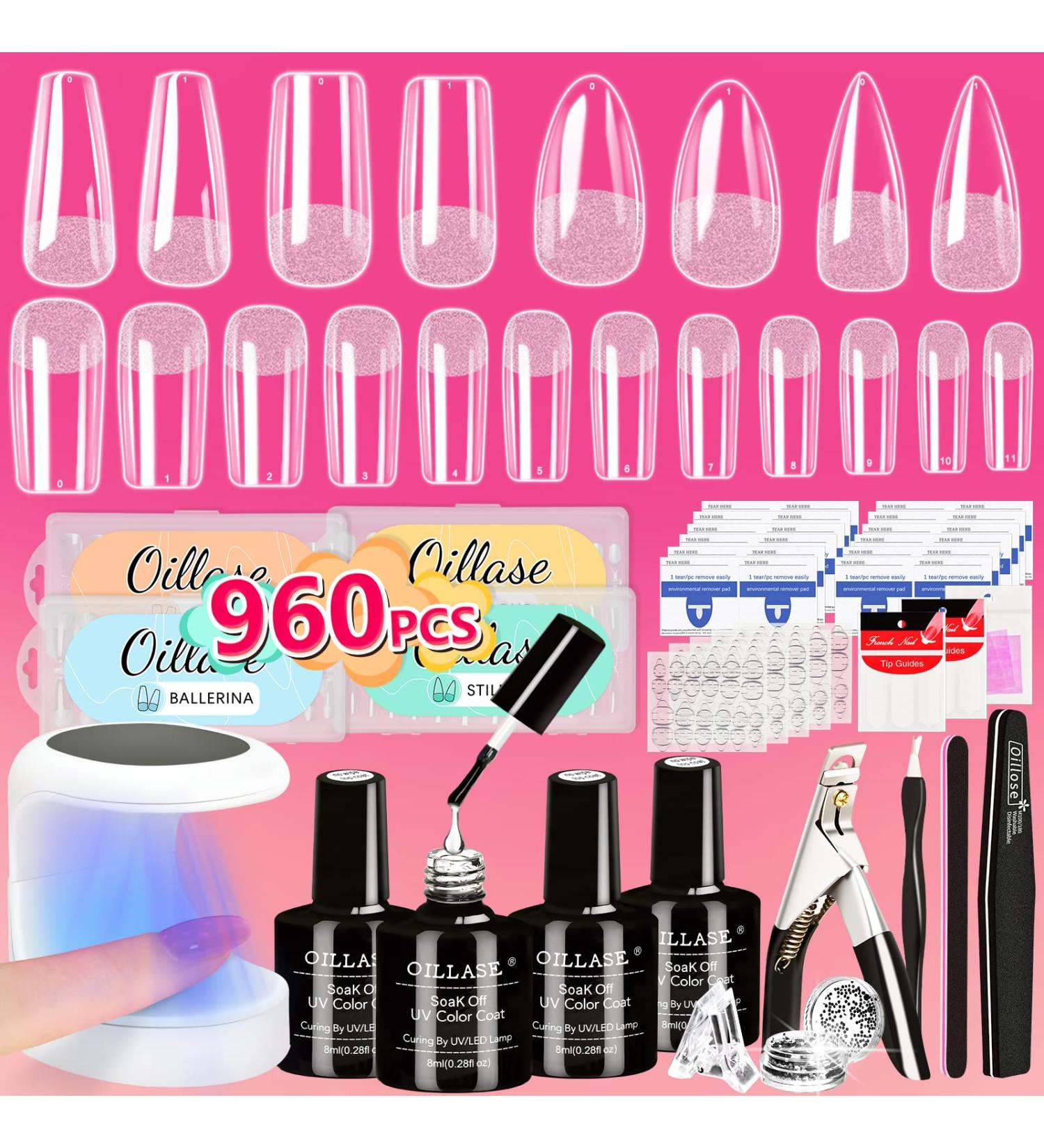 Gel Extension Nail Kit - 960 PCS Full Cover Gel Nail Tips with Glue, Professional Acrylic Nails Tips Set - Coffin/Stiletto/Square/Almond Shapes, UV Light Included - Buy Online on GoSupps.com