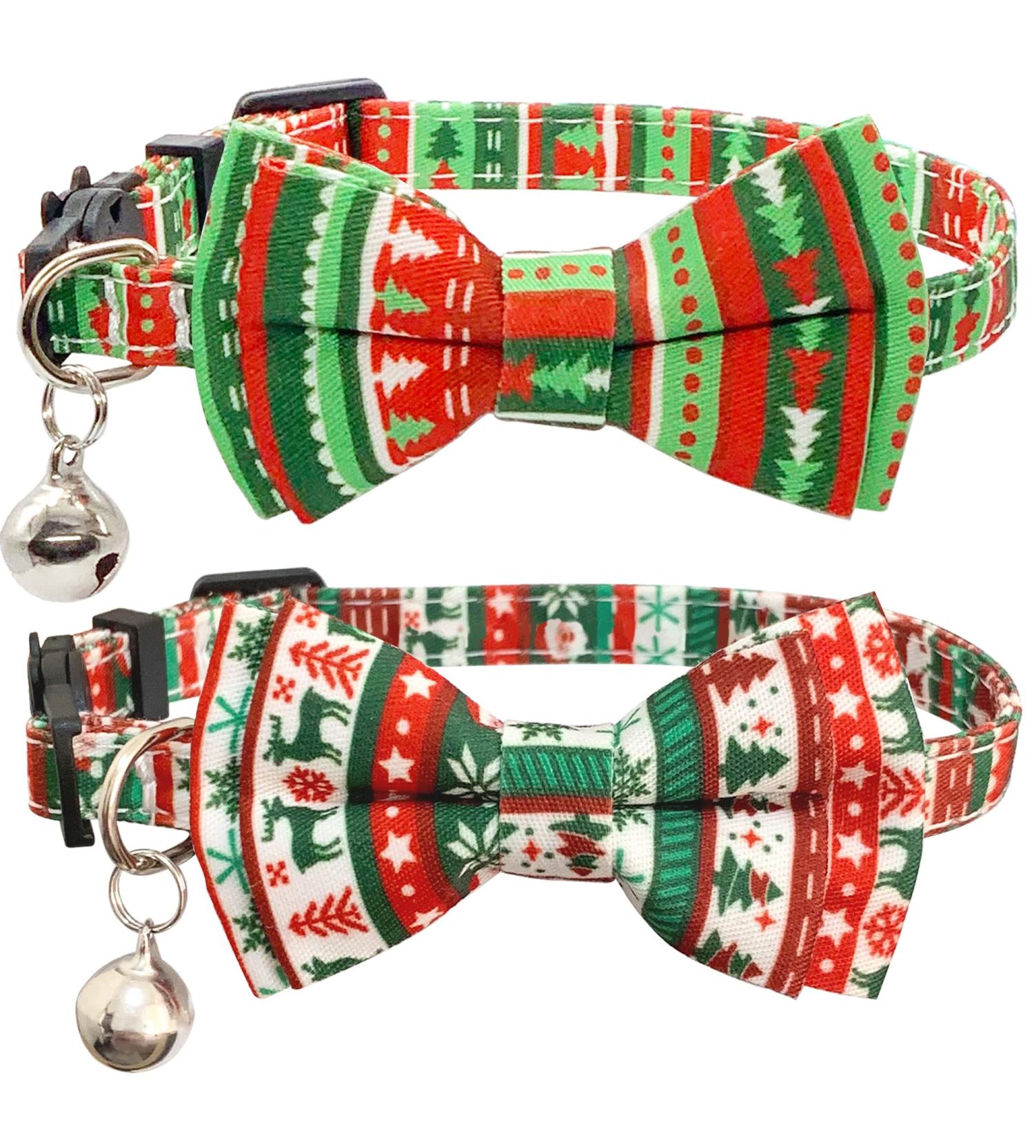 Casidoxi 2 Pack Cat Christmas Collars with Bell - Xmas Plaid Bowtie + Reindeer & Xmas Tree Stripe - Breakaway Safety Collars for Kittens - Buy Online on GoSupps.com
