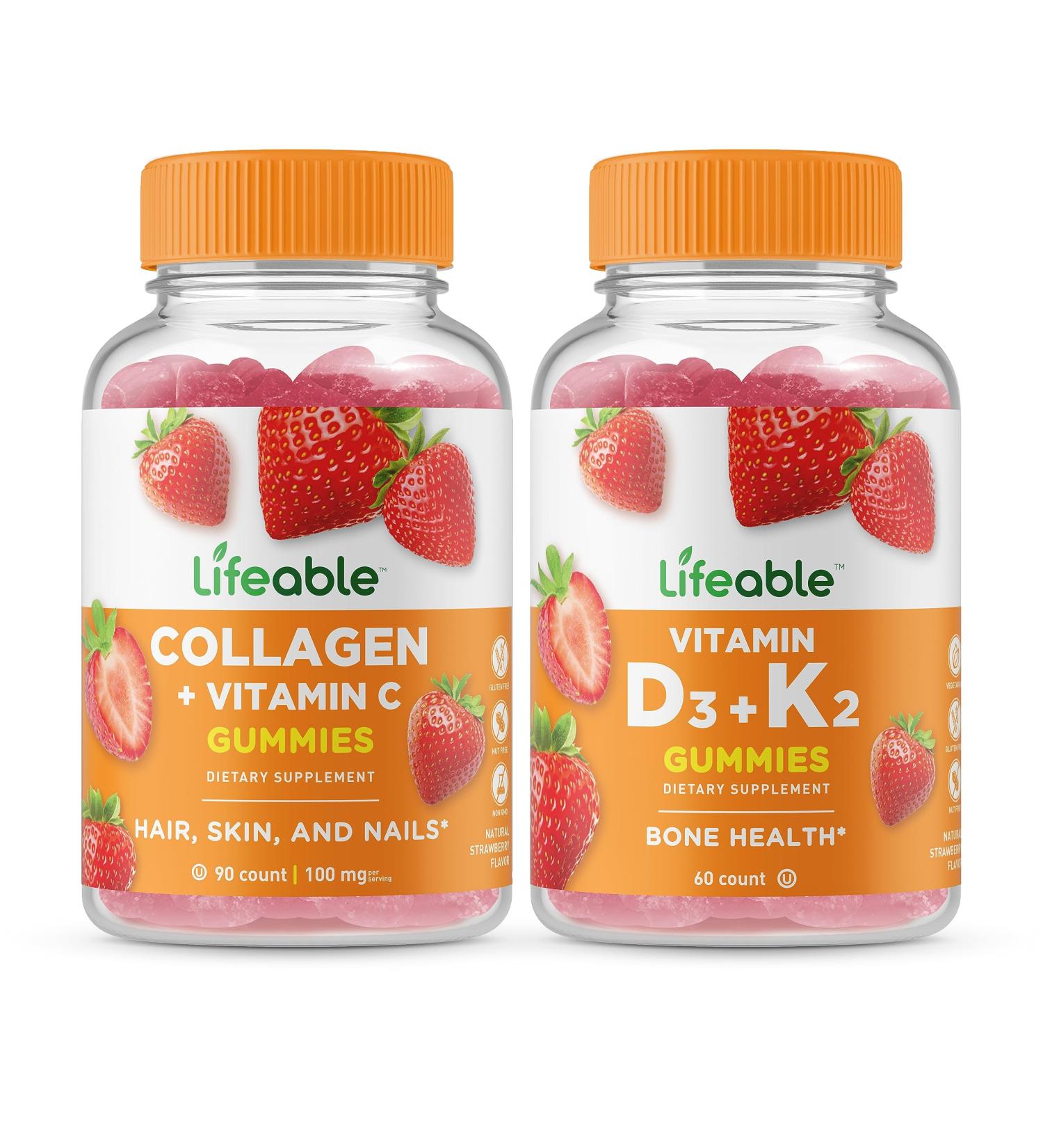 Lifeable Collagen & Vitamin C + Vitamin D3 + Vitamin K2 Gummies Bundle - Great Tasting Vitamin Supplement Gluten Free GMO Free Chewable Gummy - Buy Online on GoSupps.com