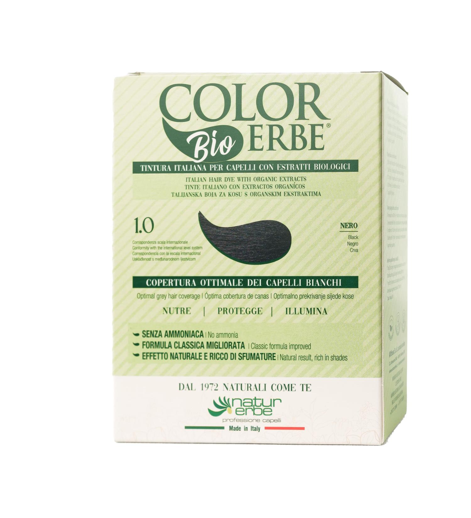 Colorerbe permanent dye with extract. bio Black (1.0) in Gel Without Ammonia Resorcin Parabens Optimal Coverage of White Hair Nourishes Protects Illuminates MadeInItaly - Buy Online on GoSupps.com