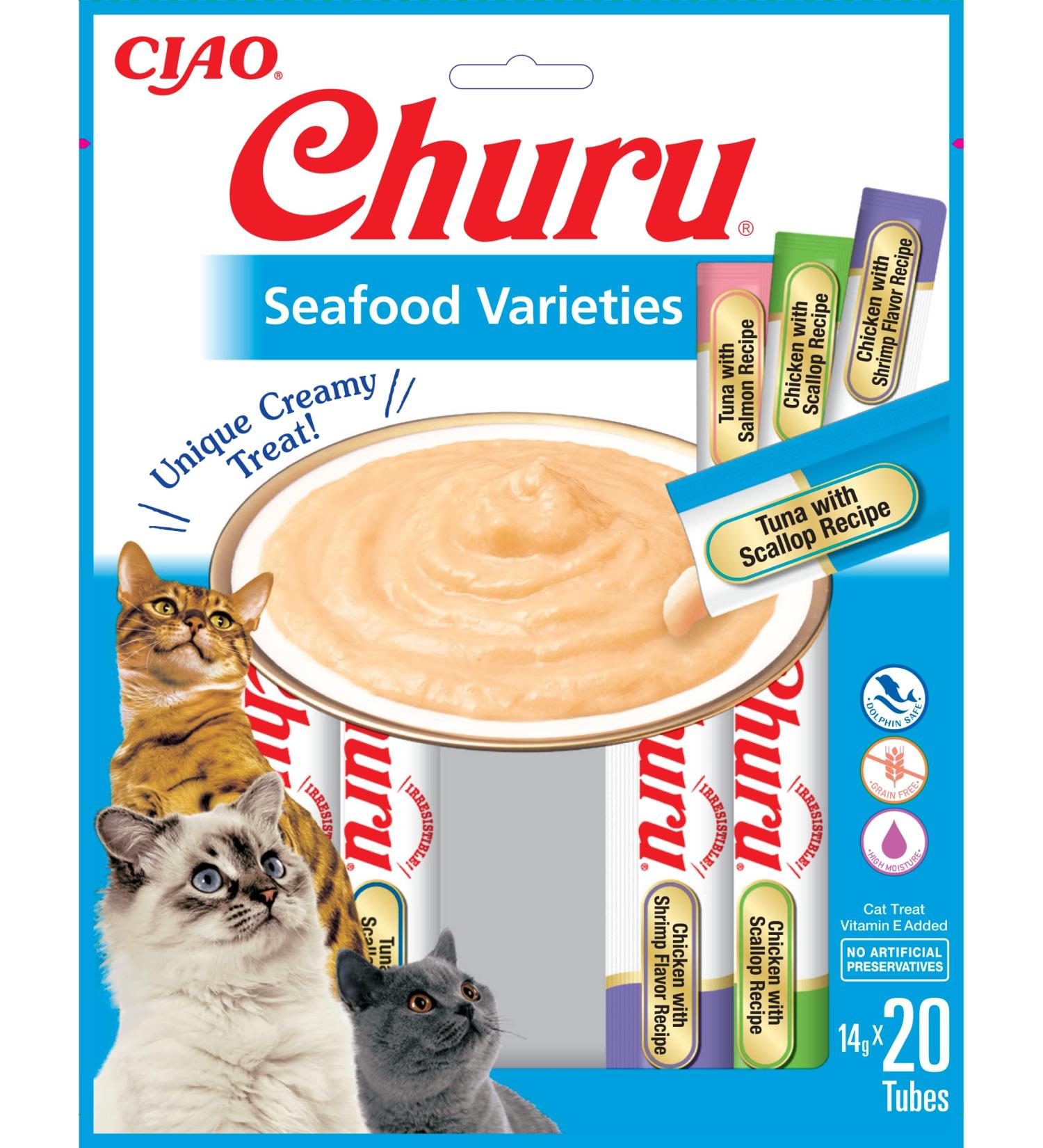 Inaba Churu Puree Katzenleckerli Multipack - 20 Seafood Treats (Tuna Chicken Shrimp) for Cats - 280g - Buy Online on GoSupps.com