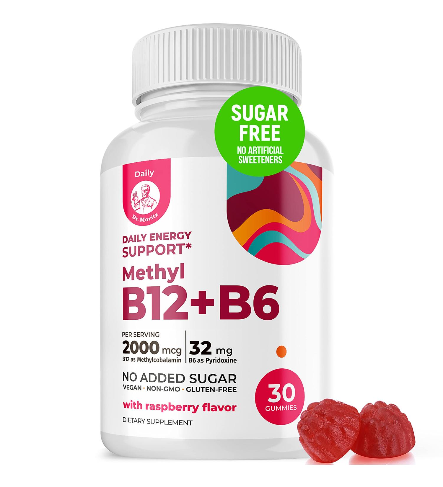 Dr. Moritz Vitamin B12 B6 Gummies - Sugar-Free 2000 mcg Methyl B-12 & 32 mg B-6 - Gluten-Free Vegan Formula - Raspberry Flavor - Vitamina B6 - Buy Online on GoSupps.com