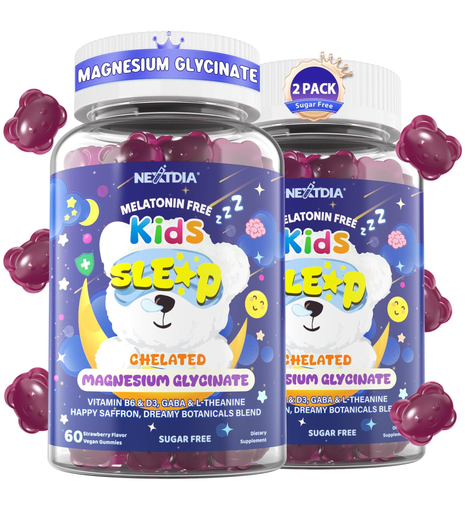 Kids Magnesium Sleep Gummies Sugar Free Magnesium Glycinate Malate & Citrate w/Saffron GABA L-Theanine & Herbs No Melatonin - Natural Bedtime Calm & Sleep Aid for Relaxation Brain Muscle 2Pack - Buy Online on GoSupps.com