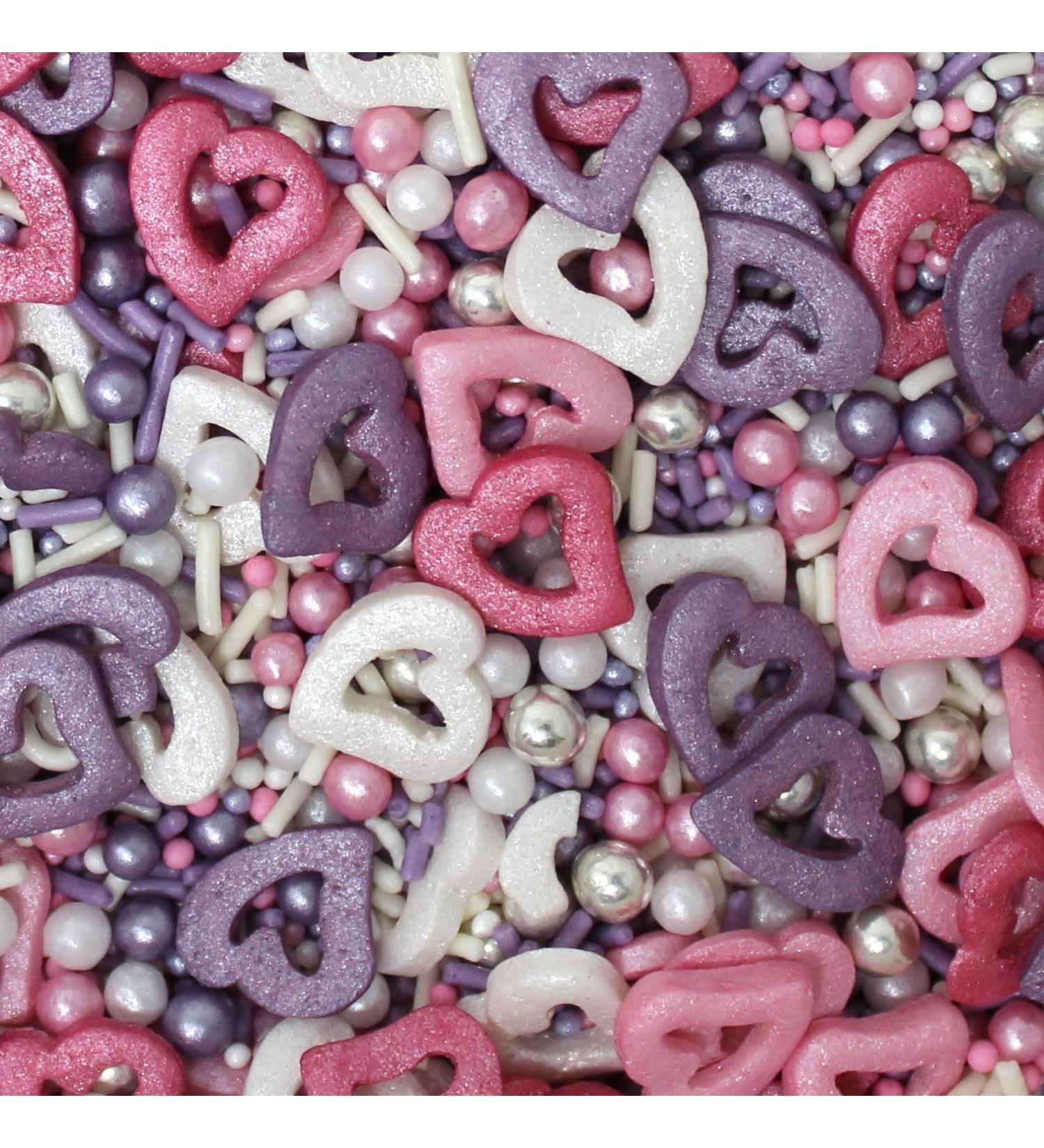 Glimmer Hearts Mixed Sprinkles - 35g of Pink Purple Silver & White Cake Toppers Decorations Pearls 100s 1000s Mini Balls Nonpareils Strands Hearts - Buy Online on GoSupps.com